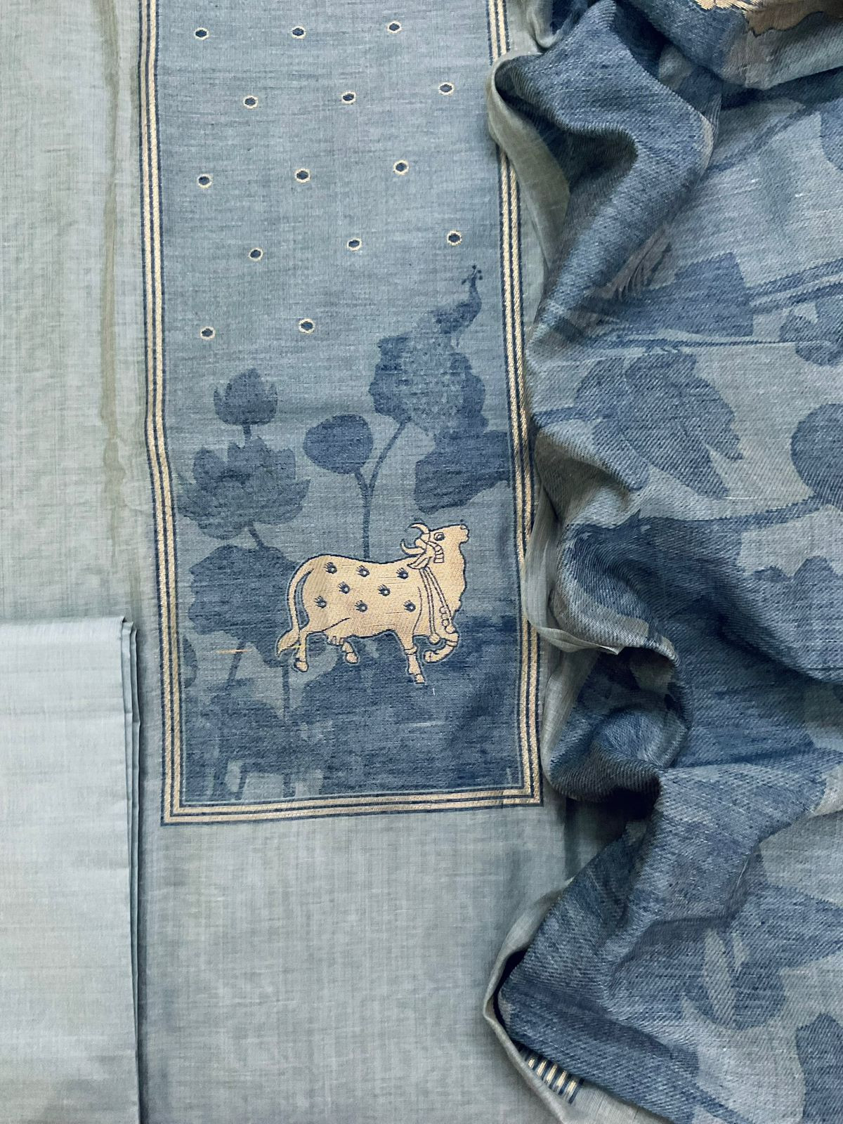 Soft Slub Chanderi Jamdani Weaved Suit - Blue