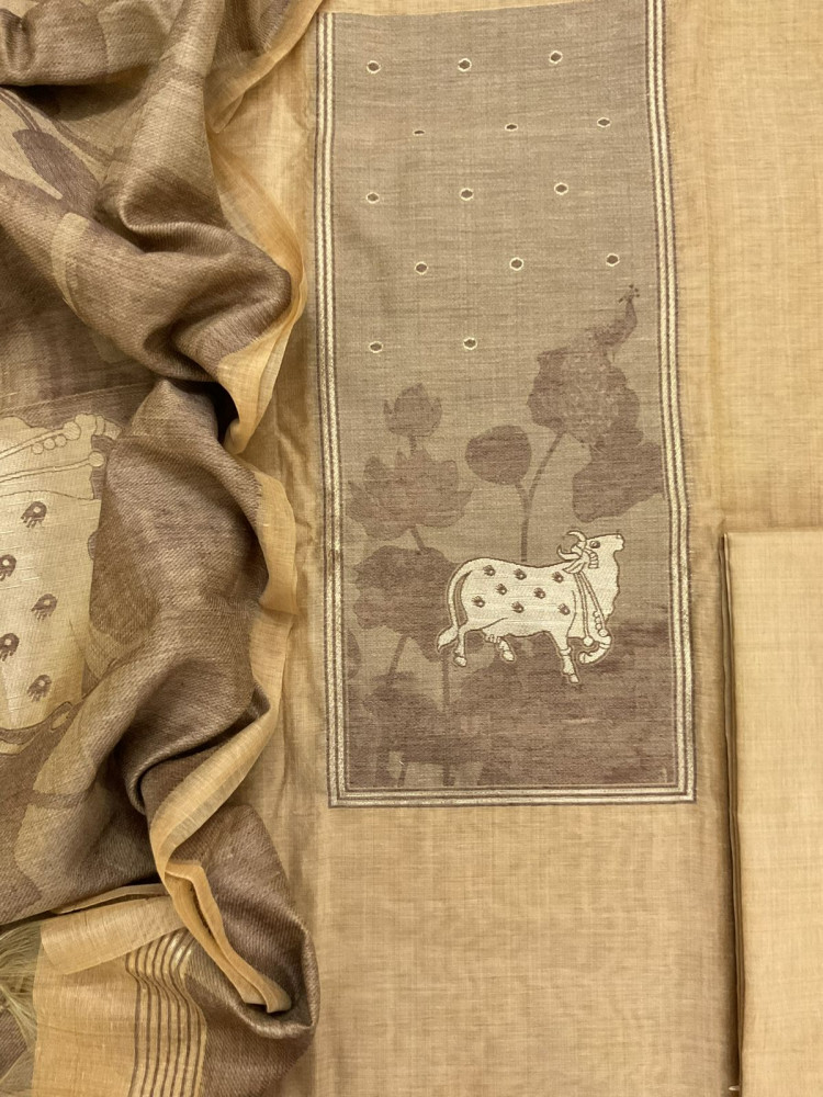 Image of Soft Slub Chanderi Jamdani Weaved Suit - Mustard