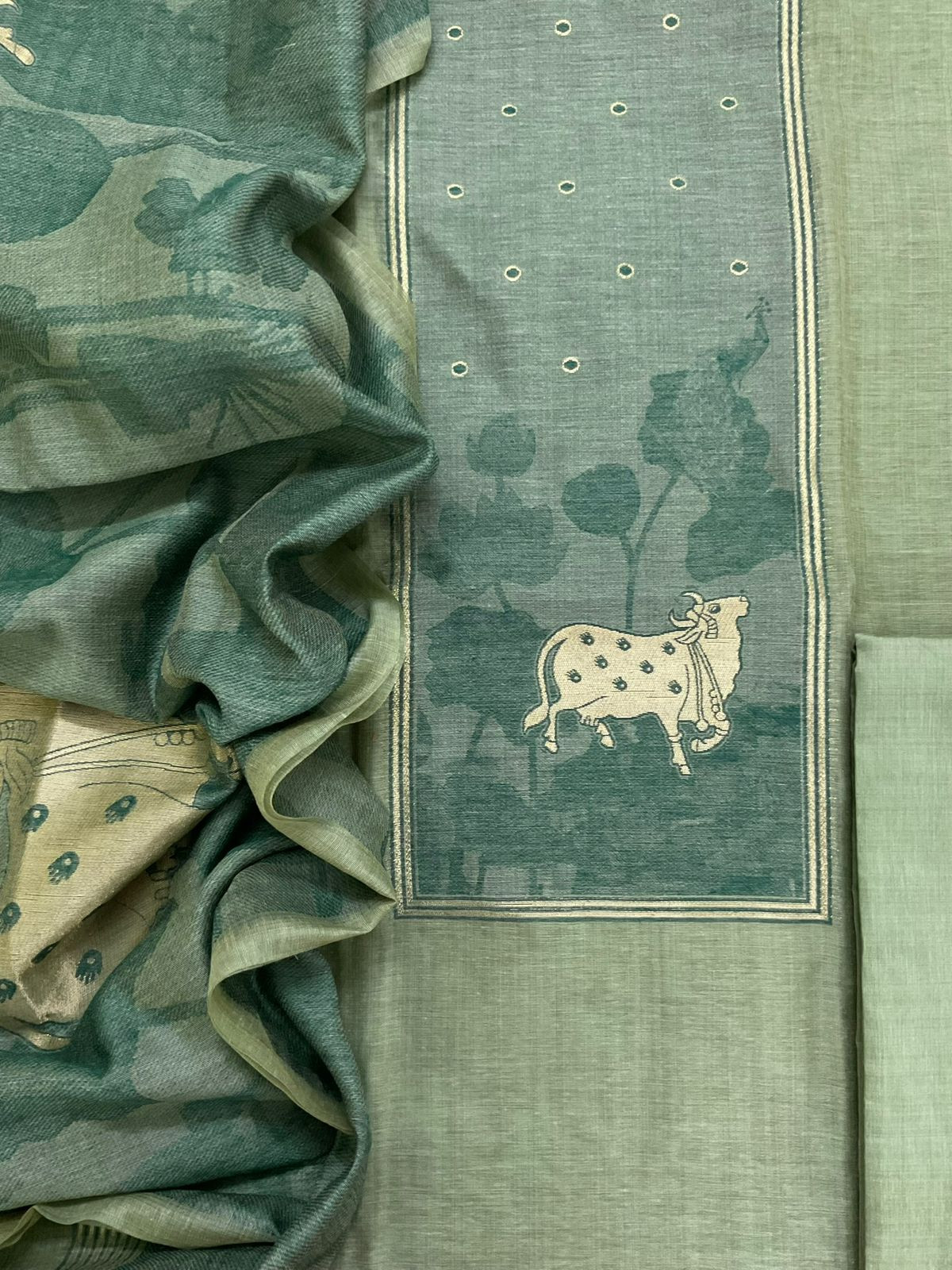 Soft Slub Chanderi Jamdani Weaved Suit - Green