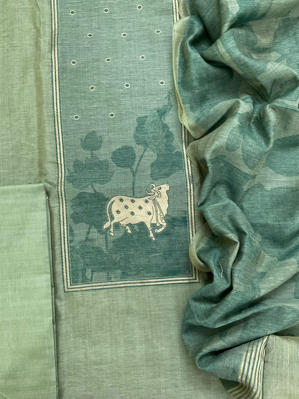 Soft Slub Chanderi Jamdani Weaved Suit - Green