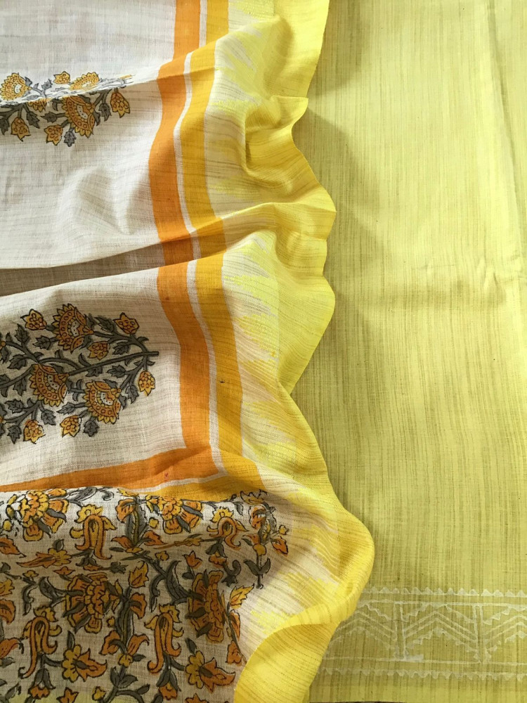 Image of Soft Khadi Silk Printed Suit - Yellow