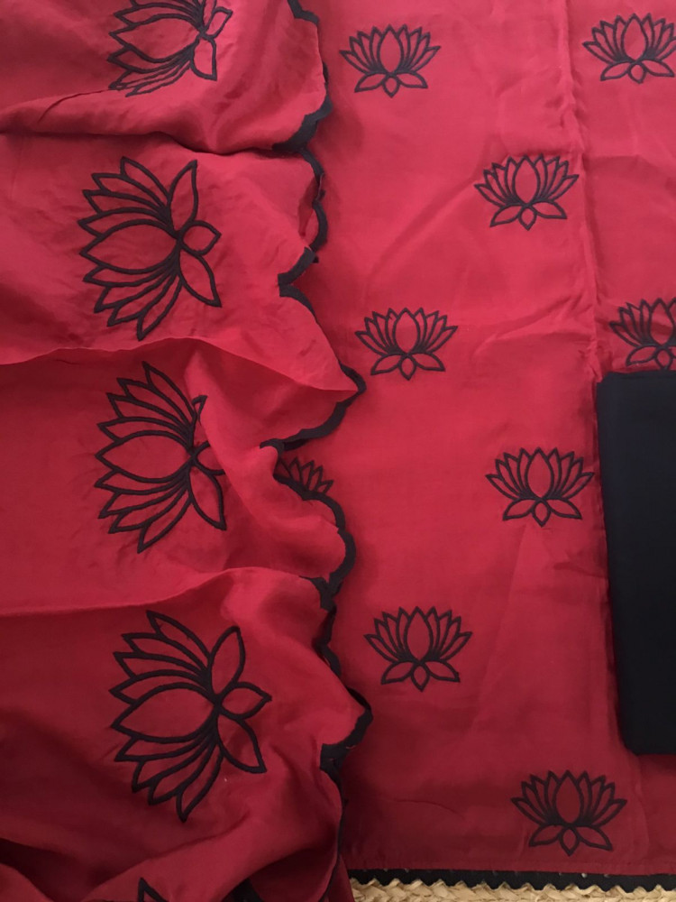 Image of Pure Muslin Silk Embroidered Suit - Dark Red