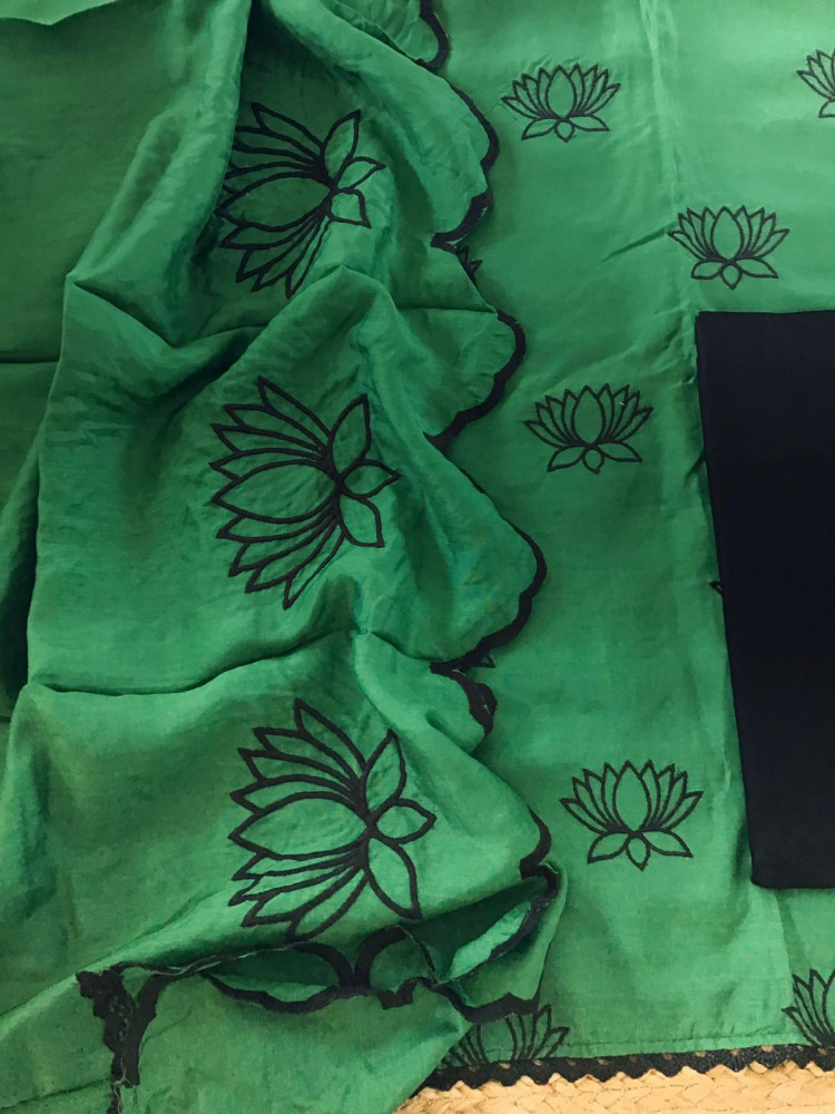 Image of Pure Muslin Silk Embroidered Suit - Green