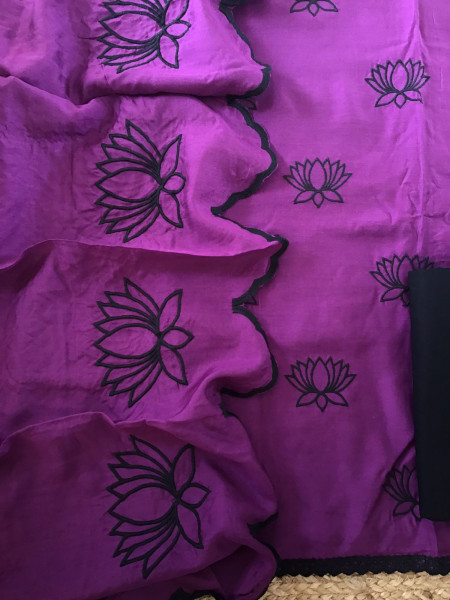 Image of Pure Muslin Silk Embroidered Suit - Violet