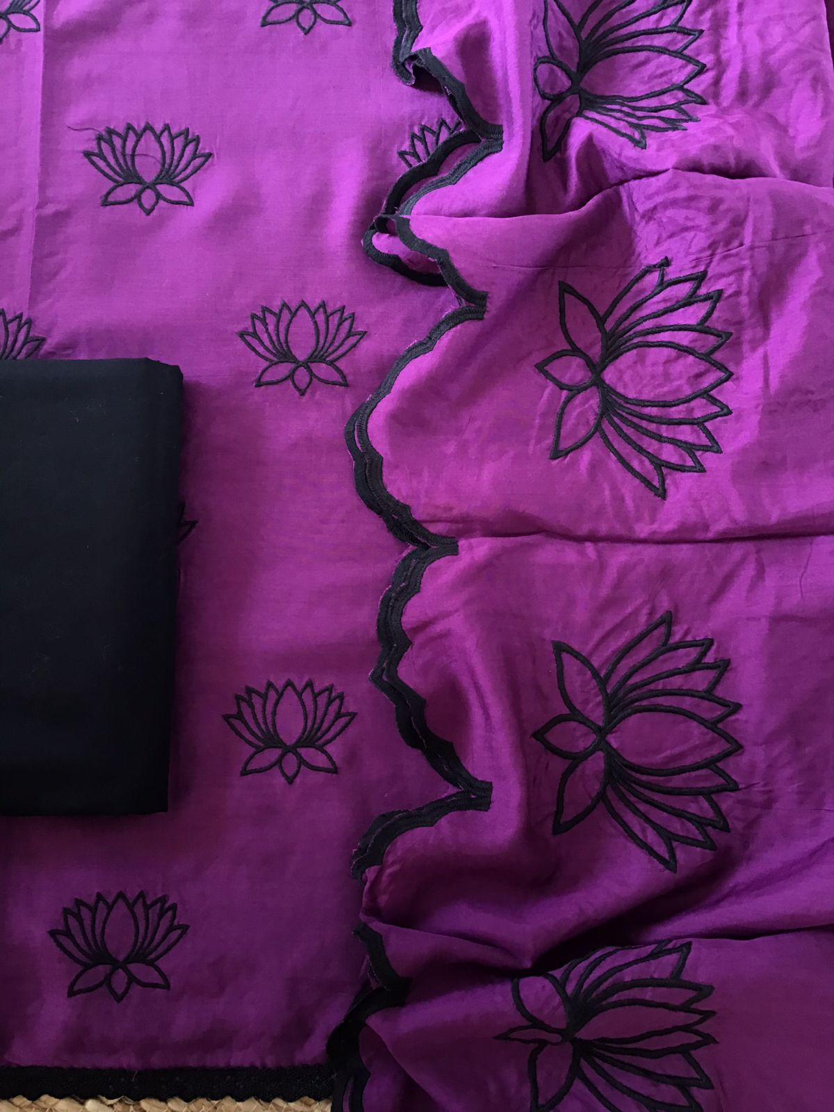 Pure Muslin Silk Embroidered Suit - Violet