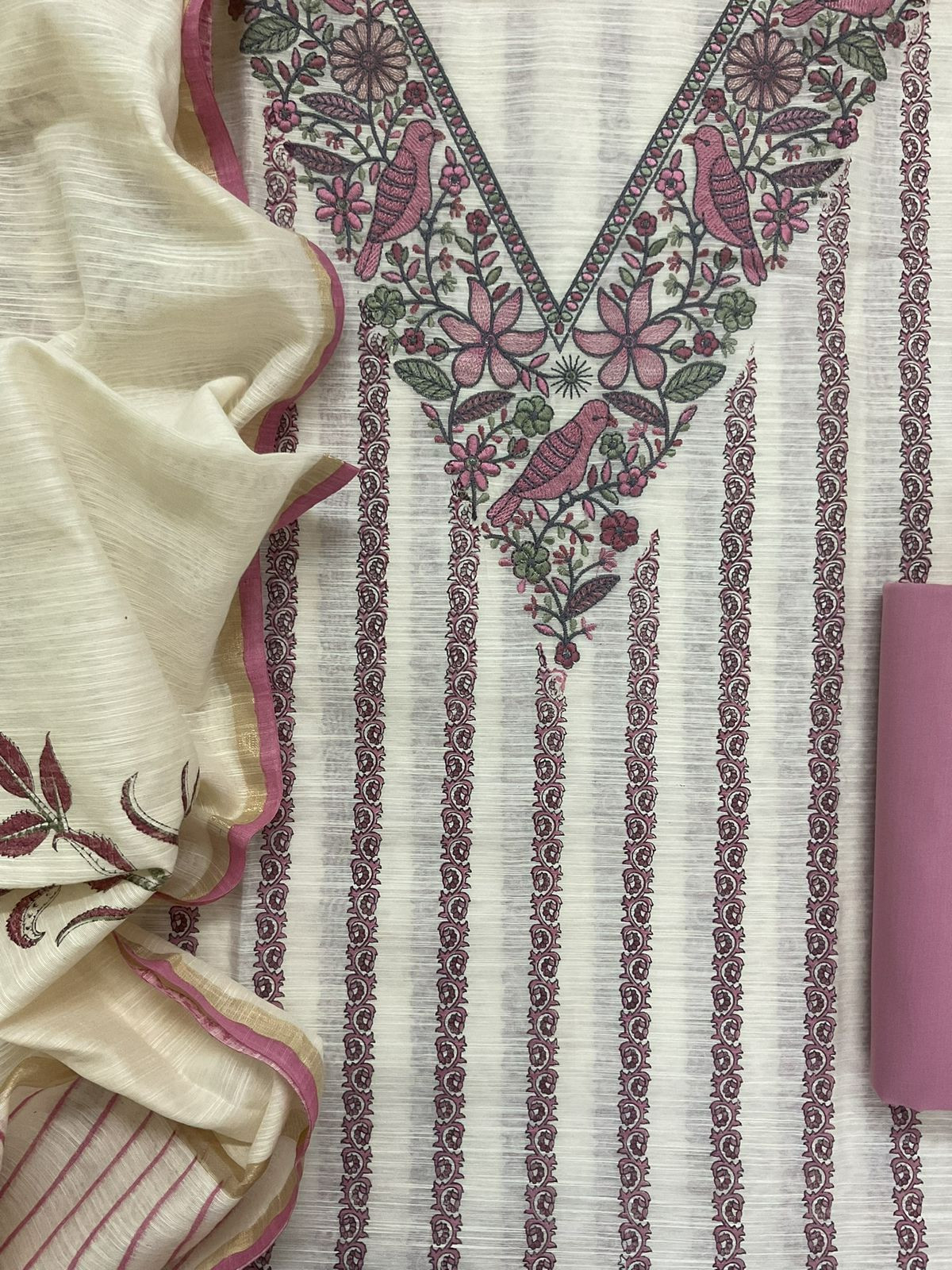Soft Slub Chanderi Printed Embroidered Suit - Off White