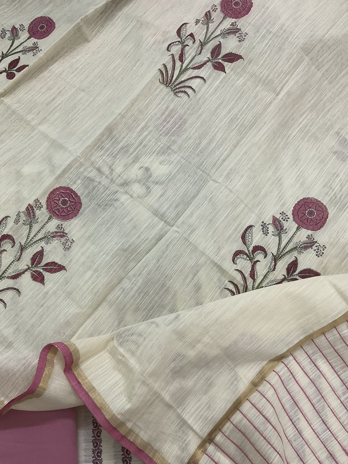 Soft Slub Chanderi Printed Embroidered Suit - Off White