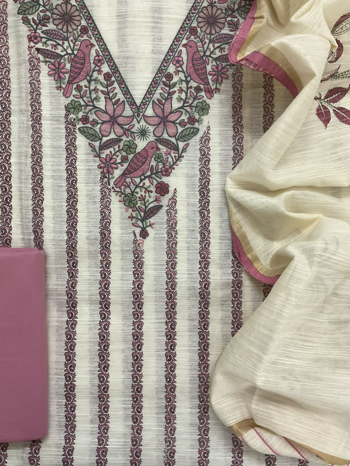 Soft Slub Chanderi Printed Embroidered Suit - Off White