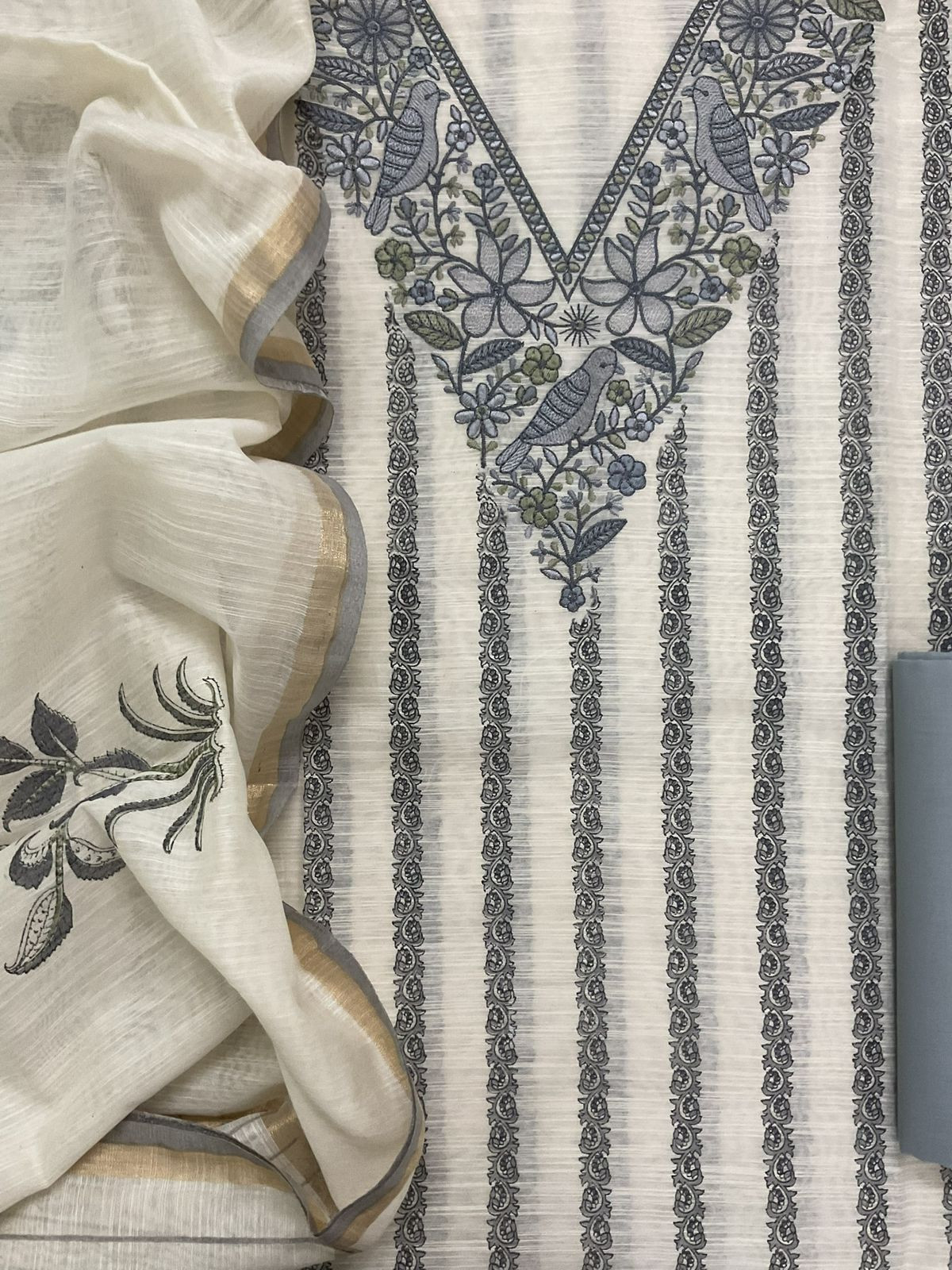 Soft Slub Chanderi Printed Embroidered Suit - Off White