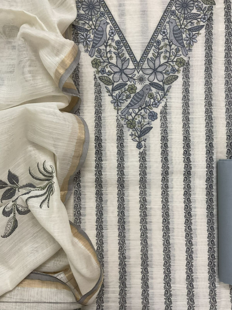 Image of Soft Slub Chanderi Printed Embroidered Suit - Off White
