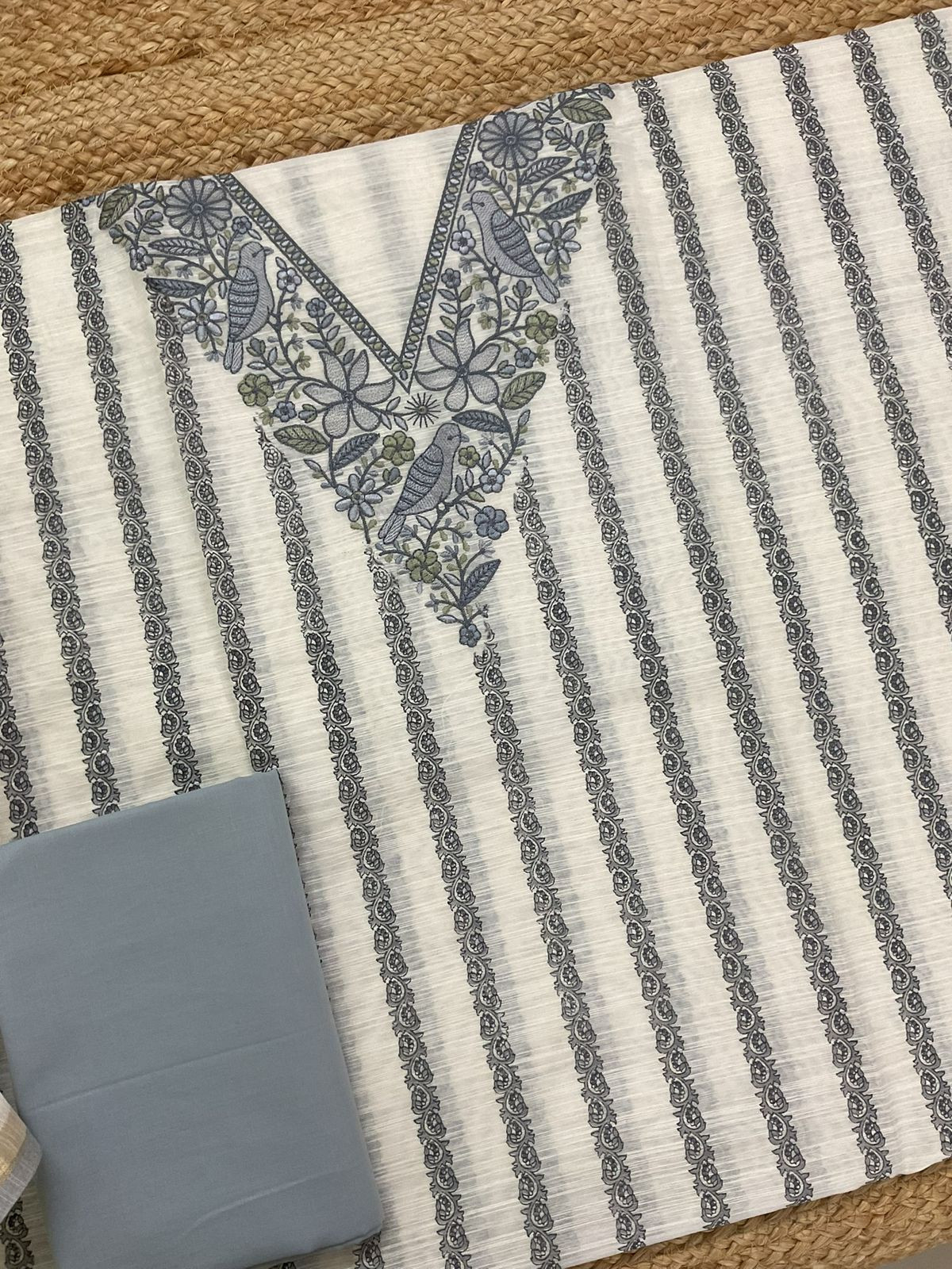 Soft Slub Chanderi Printed Embroidered Suit - Off White