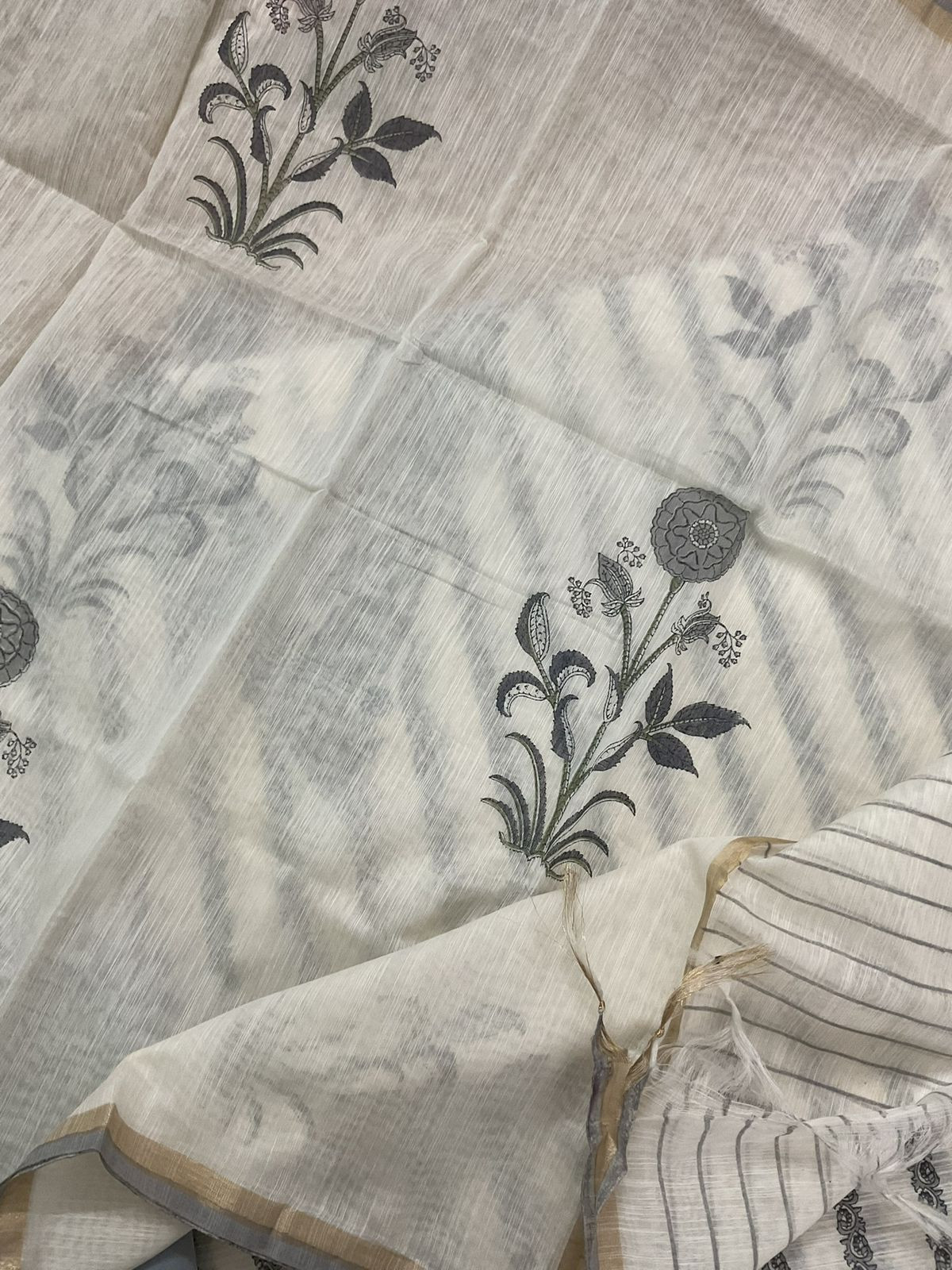 Soft Slub Chanderi Printed Embroidered Suit - Off White