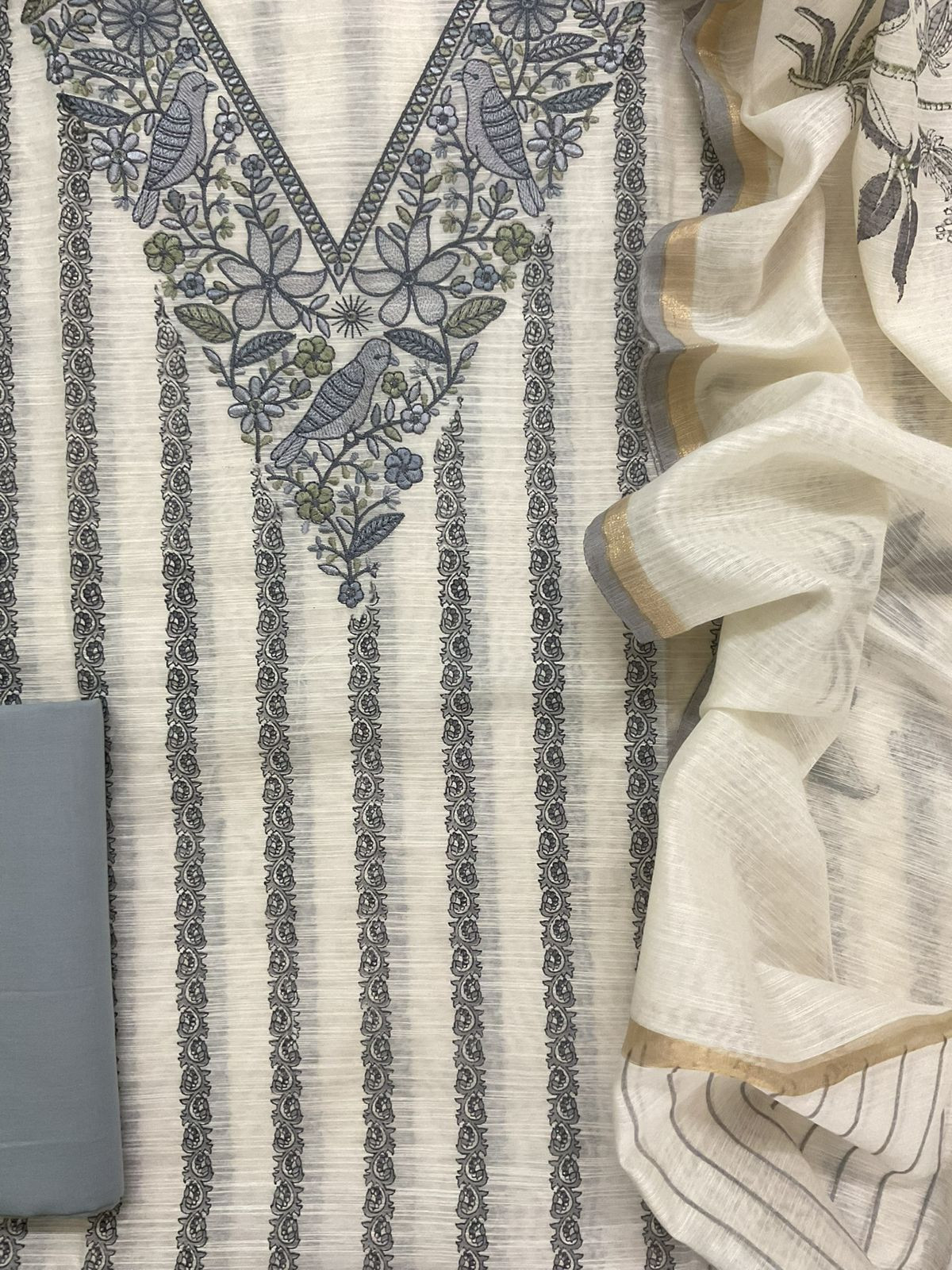 Soft Slub Chanderi Printed Embroidered Suit - Off White