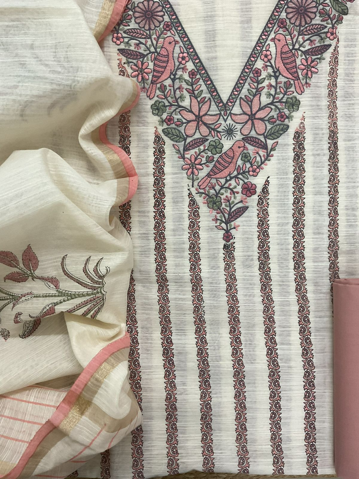 Soft Slub Chanderi Printed Embroidered Suit - Off White