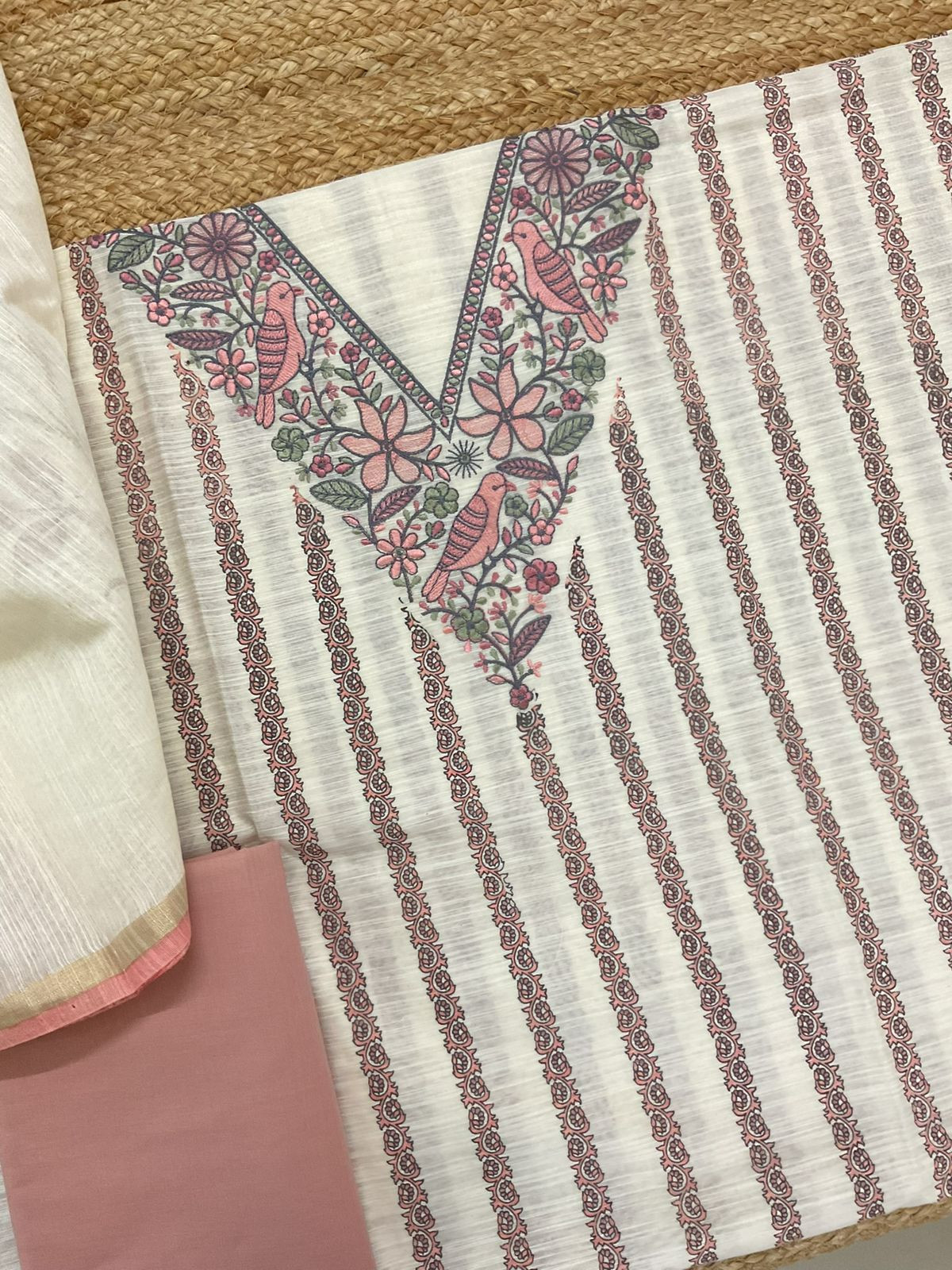 Soft Slub Chanderi Printed Embroidered Suit - Off White