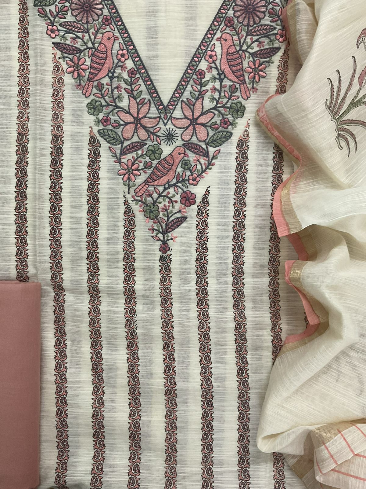 Soft Slub Chanderi Printed Embroidered Suit - Off White