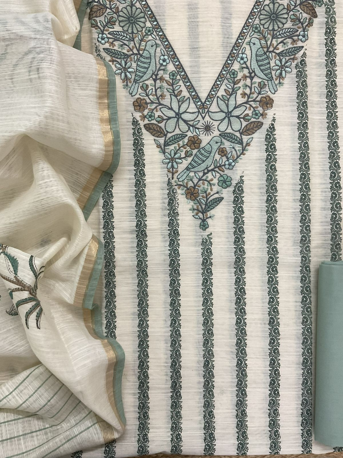 Soft Slub Chanderi Printed Embroidered Suit - Off White