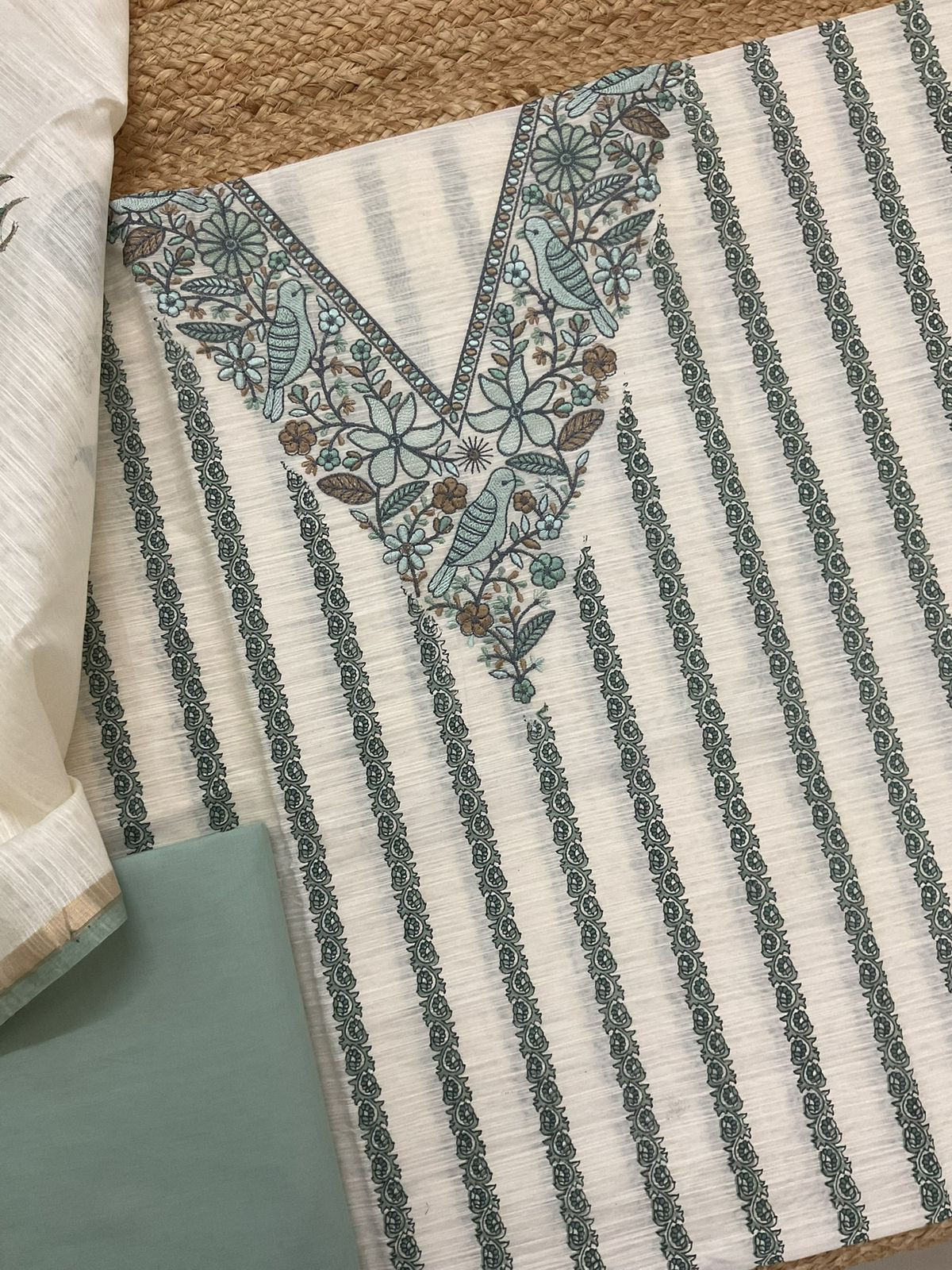 Soft Slub Chanderi Printed Embroidered Suit - Off White