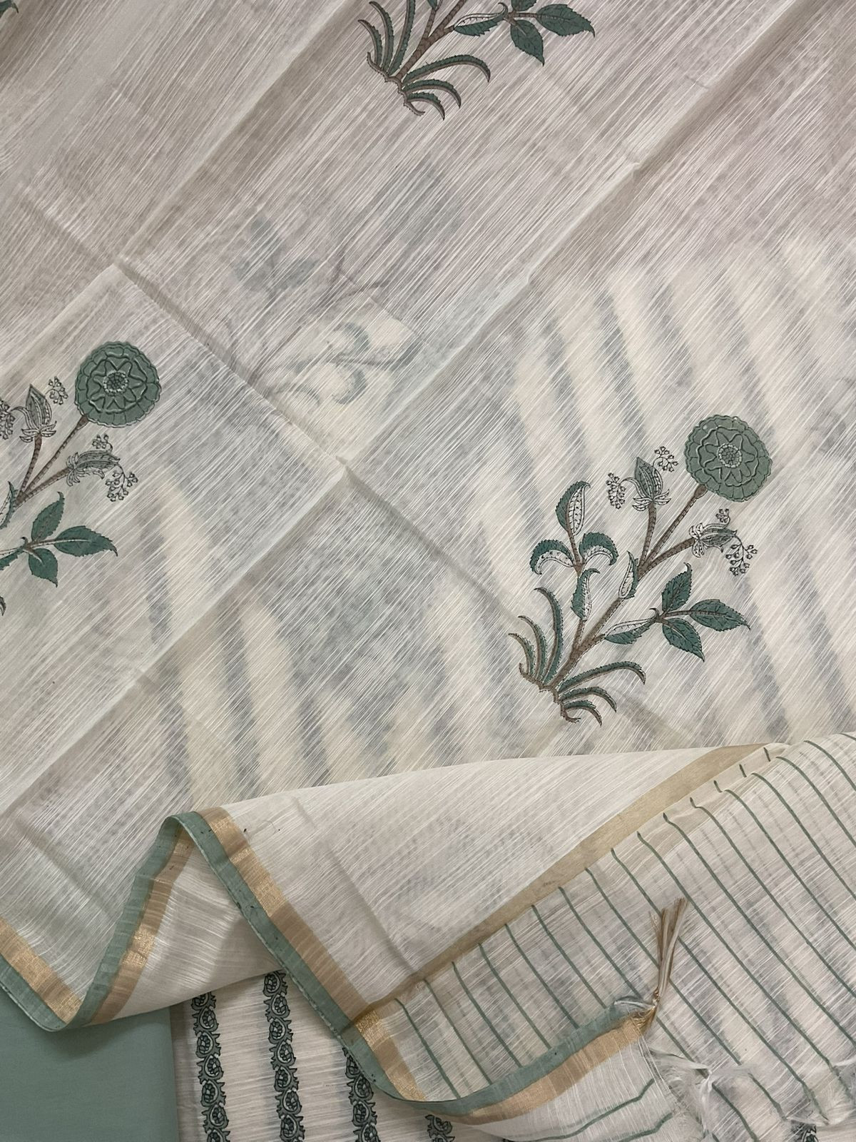 Soft Slub Chanderi Printed Embroidered Suit - Off White