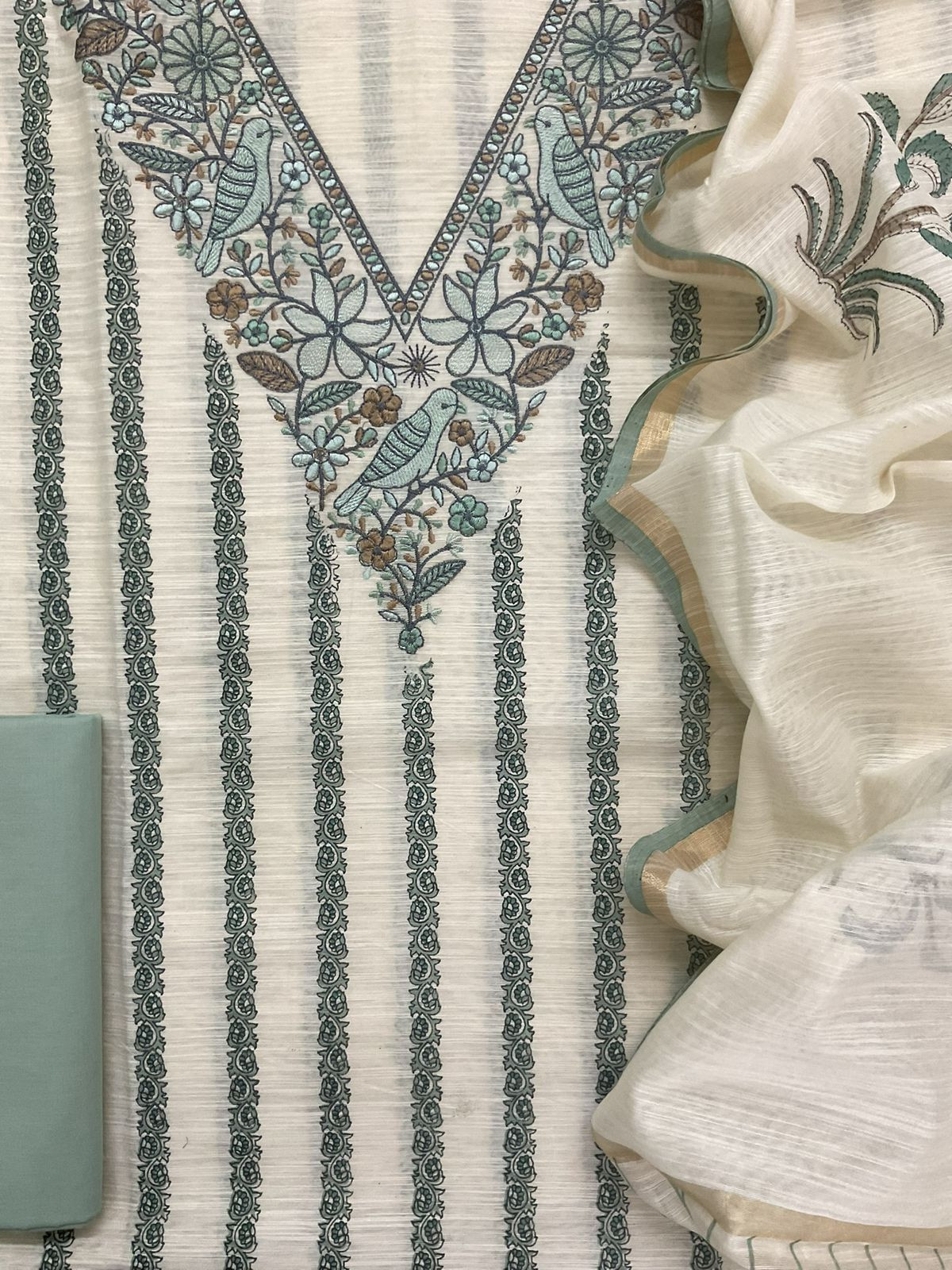 Soft Slub Chanderi Printed Embroidered Suit - Off White