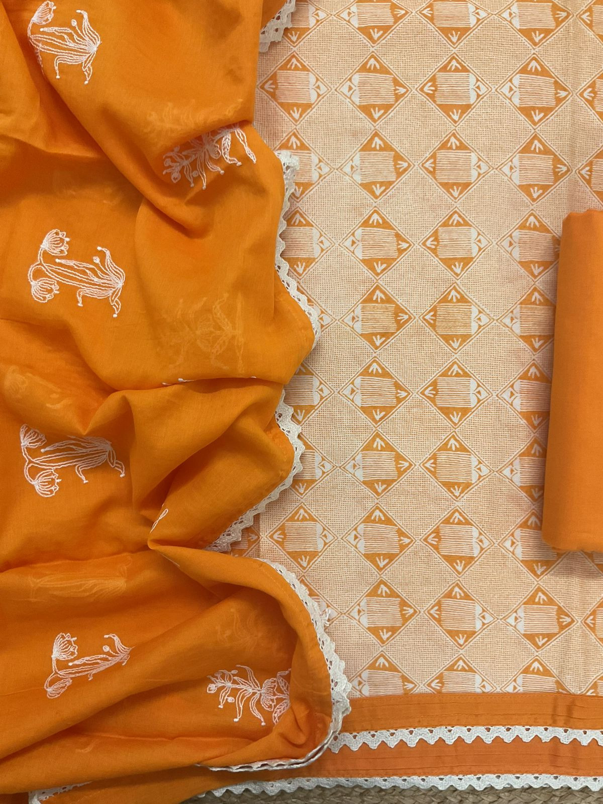 Pure Mul Chanderi Printed Embroidered Suit - Orange