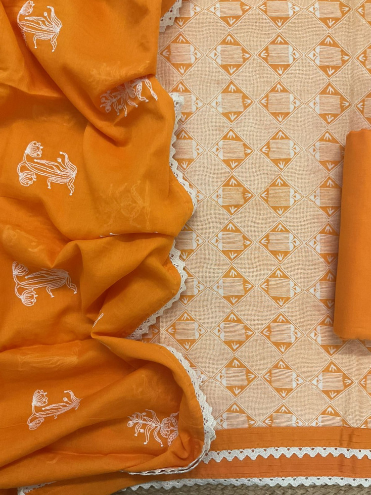 Image of Pure Mul Chanderi Printed Embroidered Suit - Orange