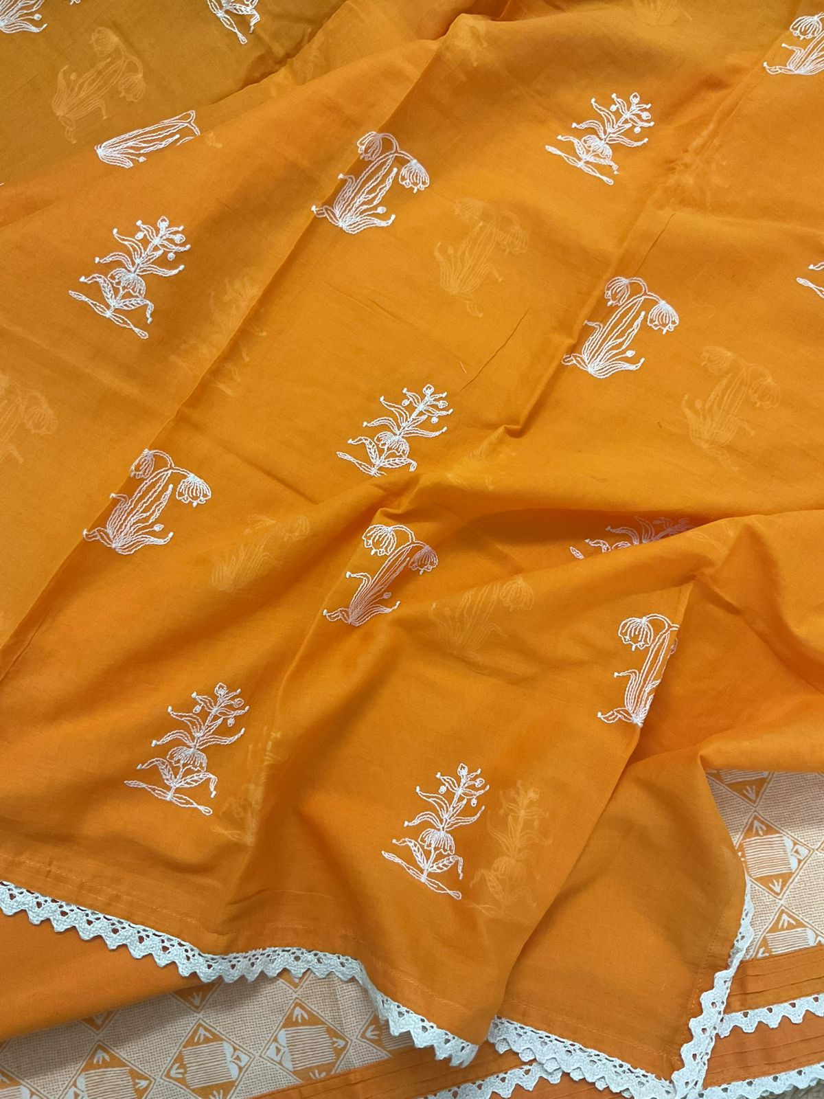 Pure Mul Chanderi Printed Embroidered Suit - Orange