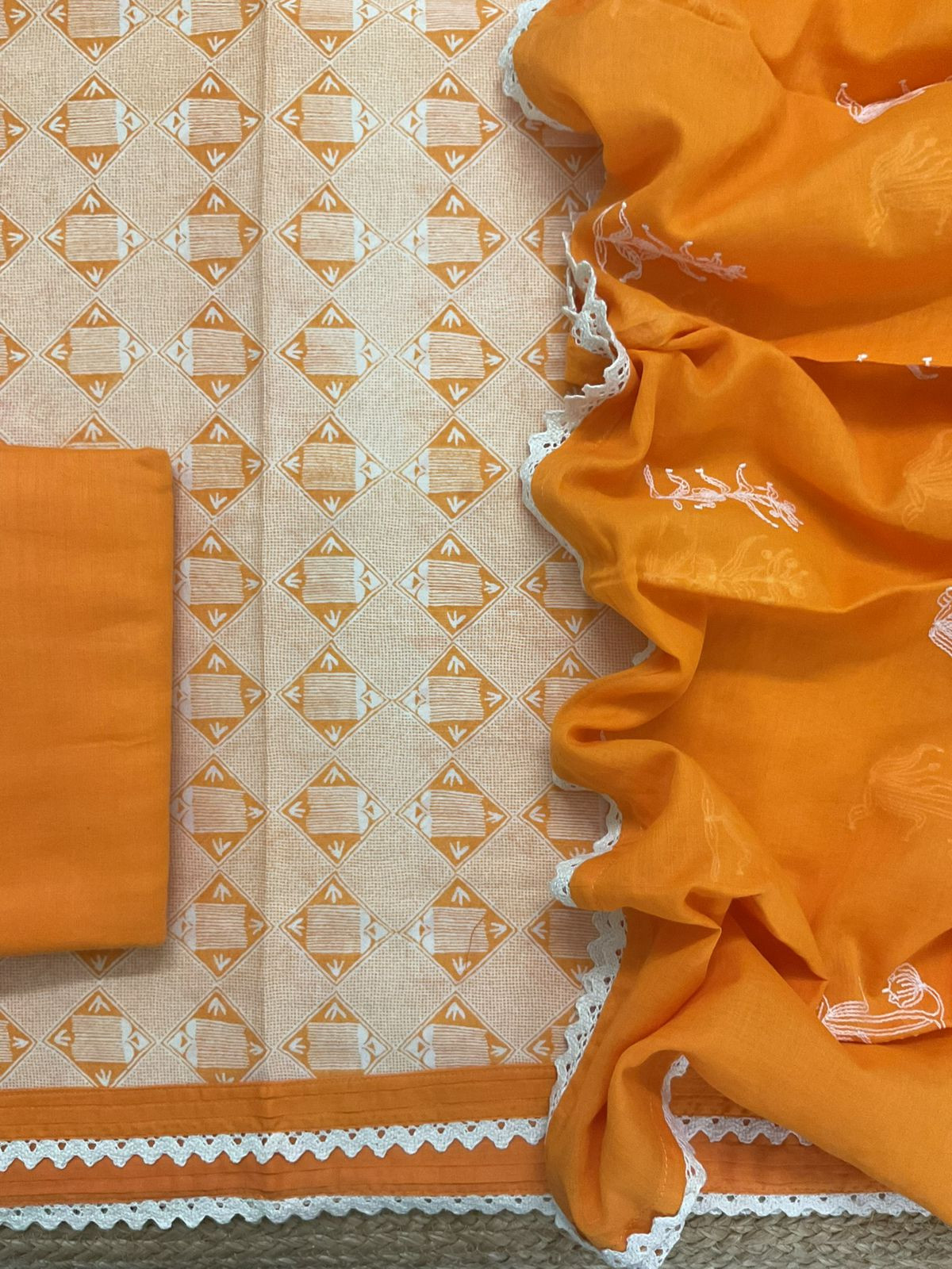Pure Mul Chanderi Printed Embroidered Suit - Orange