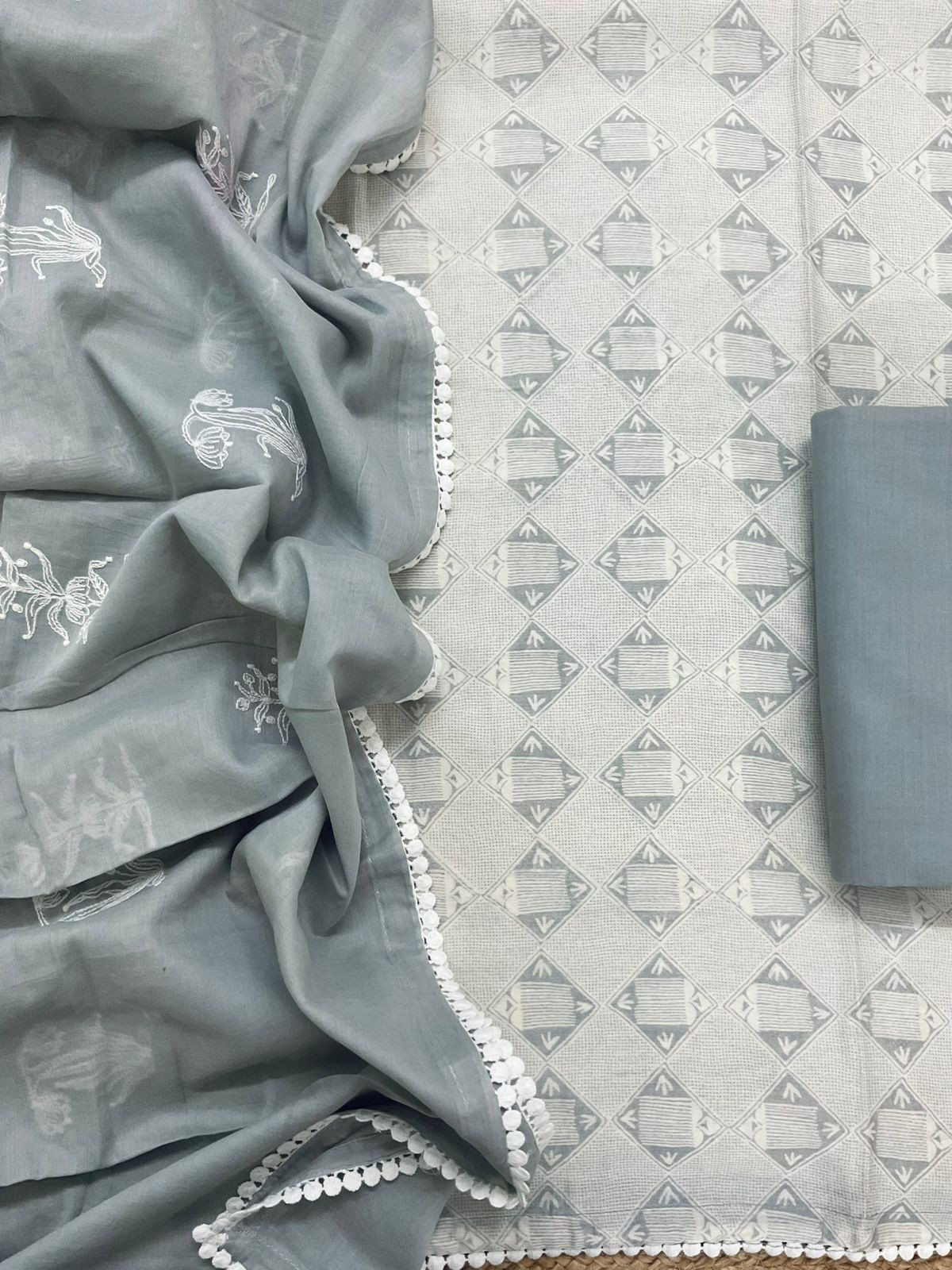 Pure Mul Chanderi Printed Embroidered Suit - Grey