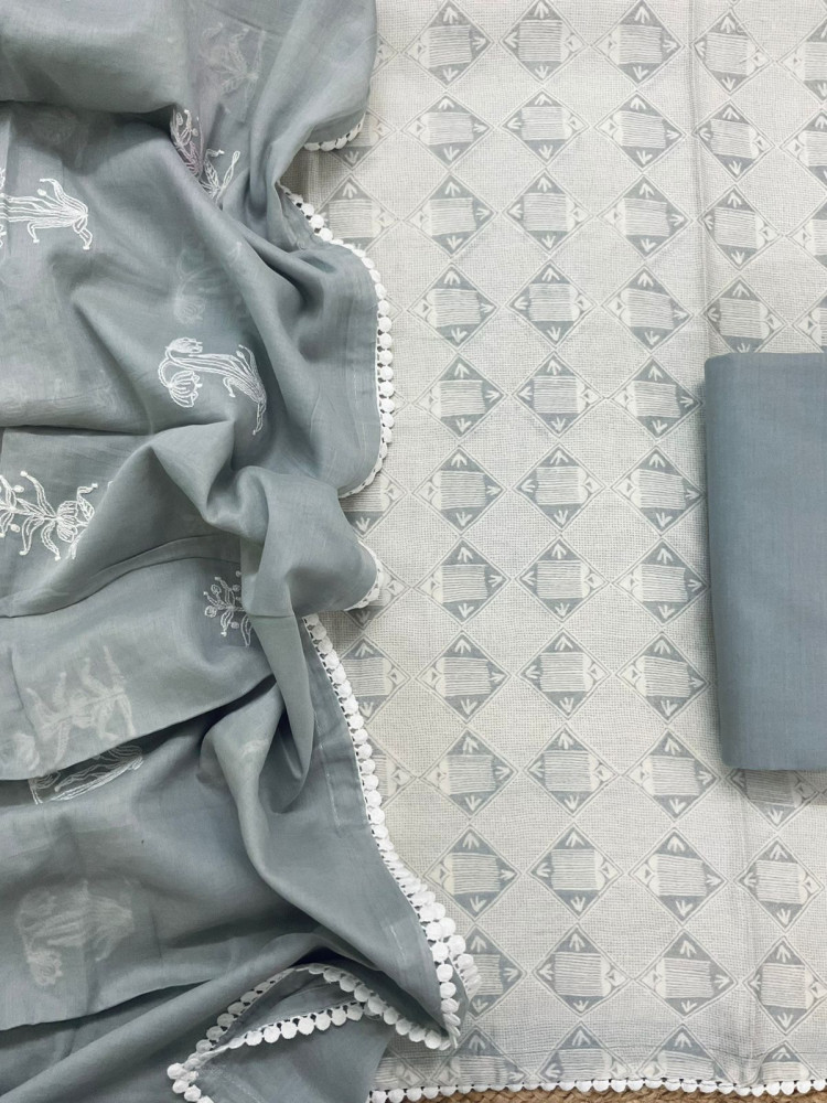 Image of Pure Mul Chanderi Printed Embroidered Suit - Grey