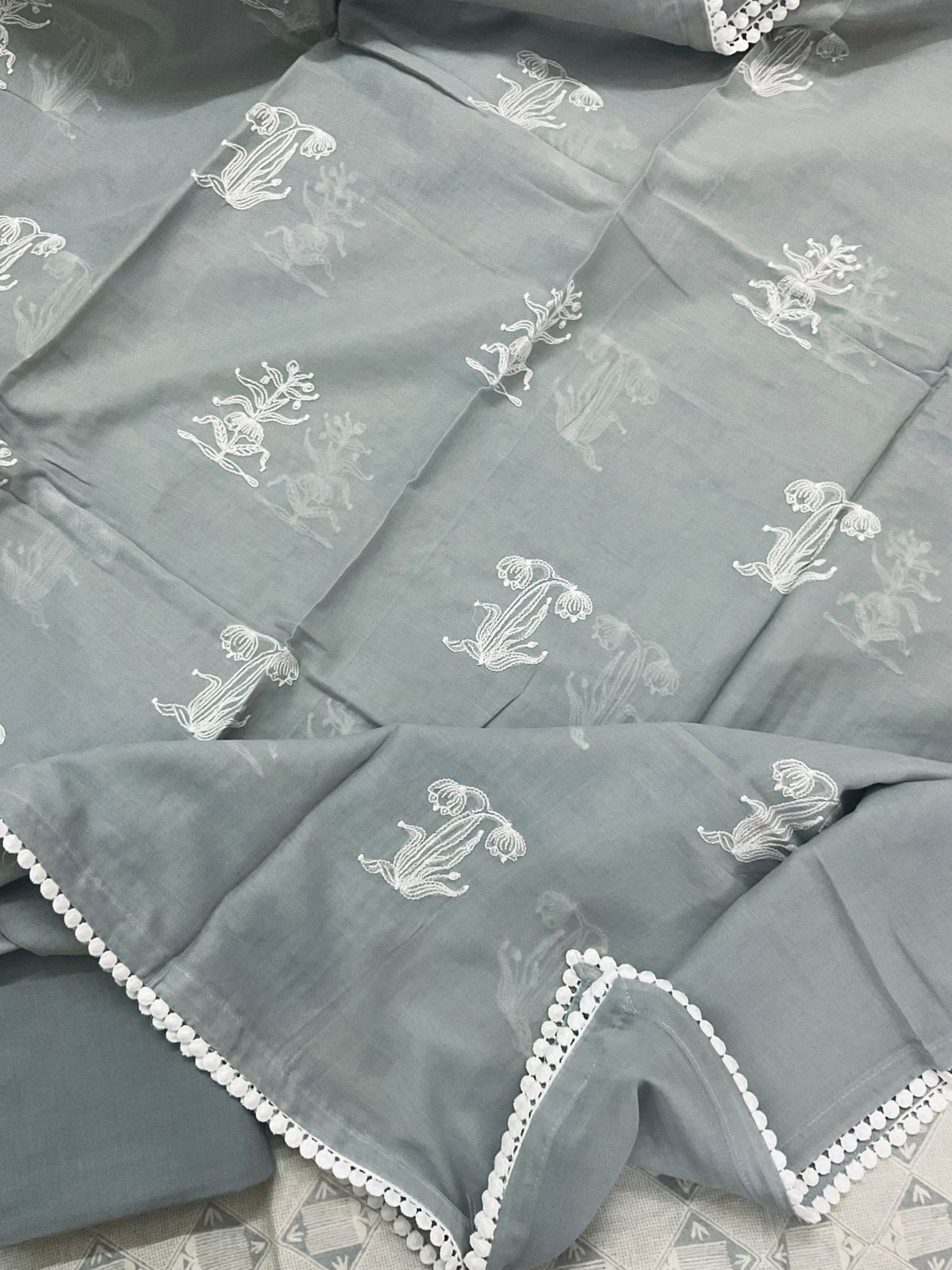 Pure Mul Chanderi Printed Embroidered Suit - Grey