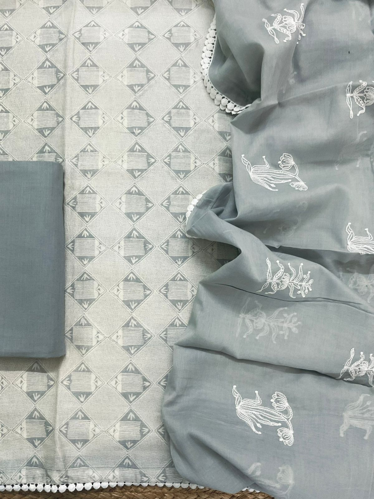 Pure Mul Chanderi Printed Embroidered Suit - Grey