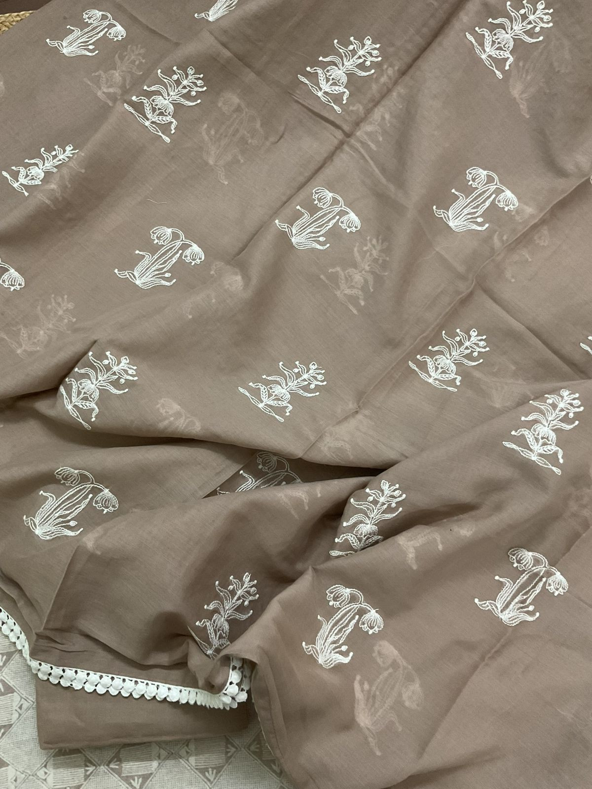 Pure Mul Chanderi Printed Embroidered Suit - Brown