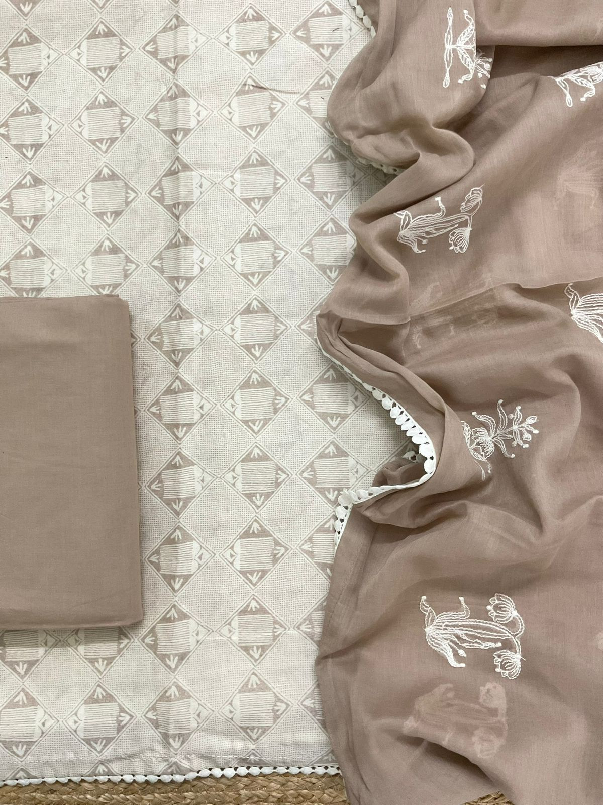 Pure Mul Chanderi Printed Embroidered Suit - Brown