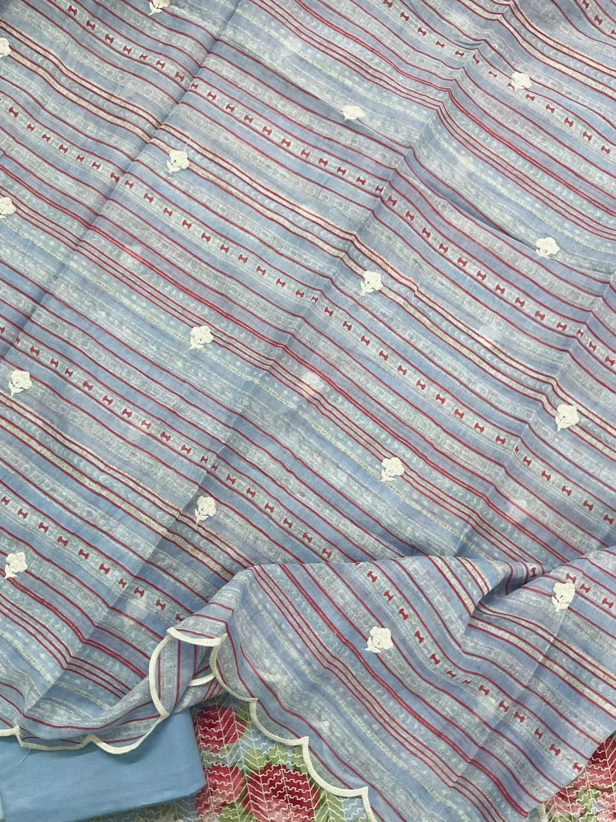 Pure Mul Cotton Printed Embroidered Suit - Blue