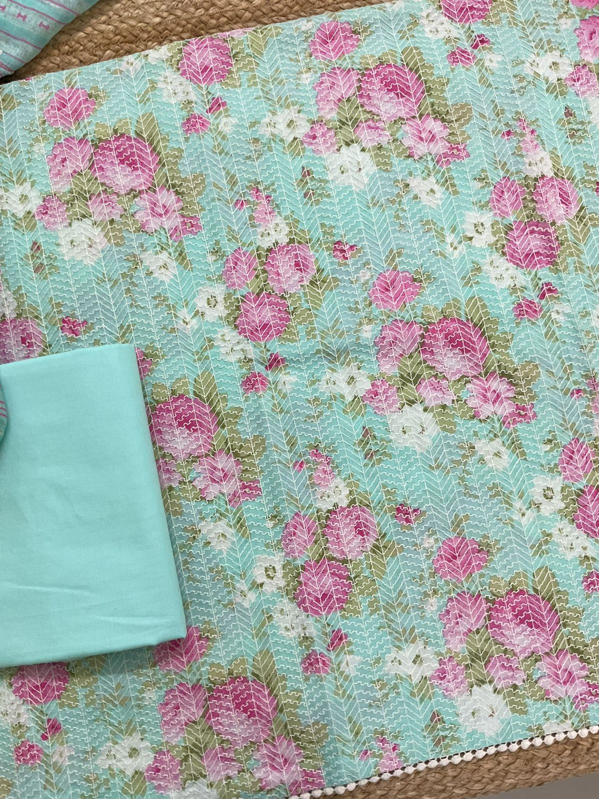 Pure Mul Cotton Printed Embroidered Suit - Green