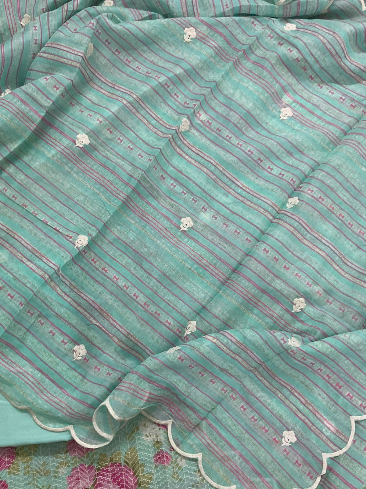 Pure Mul Cotton Printed Embroidered Suit - Green