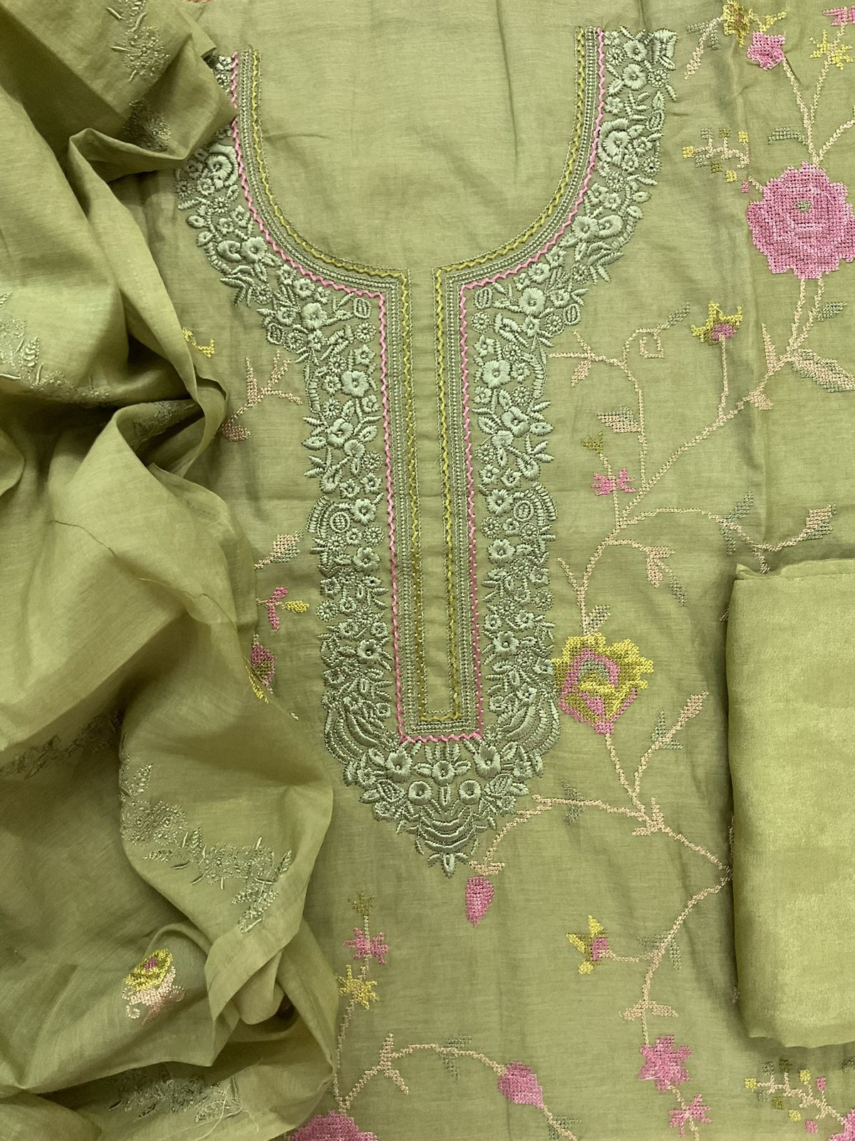 Pure Chanderi Embroidered Suit - Green