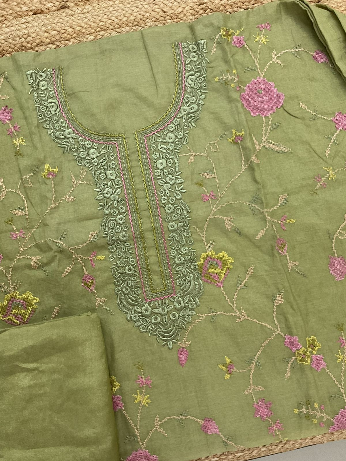 Pure Chanderi Embroidered Suit - Green
