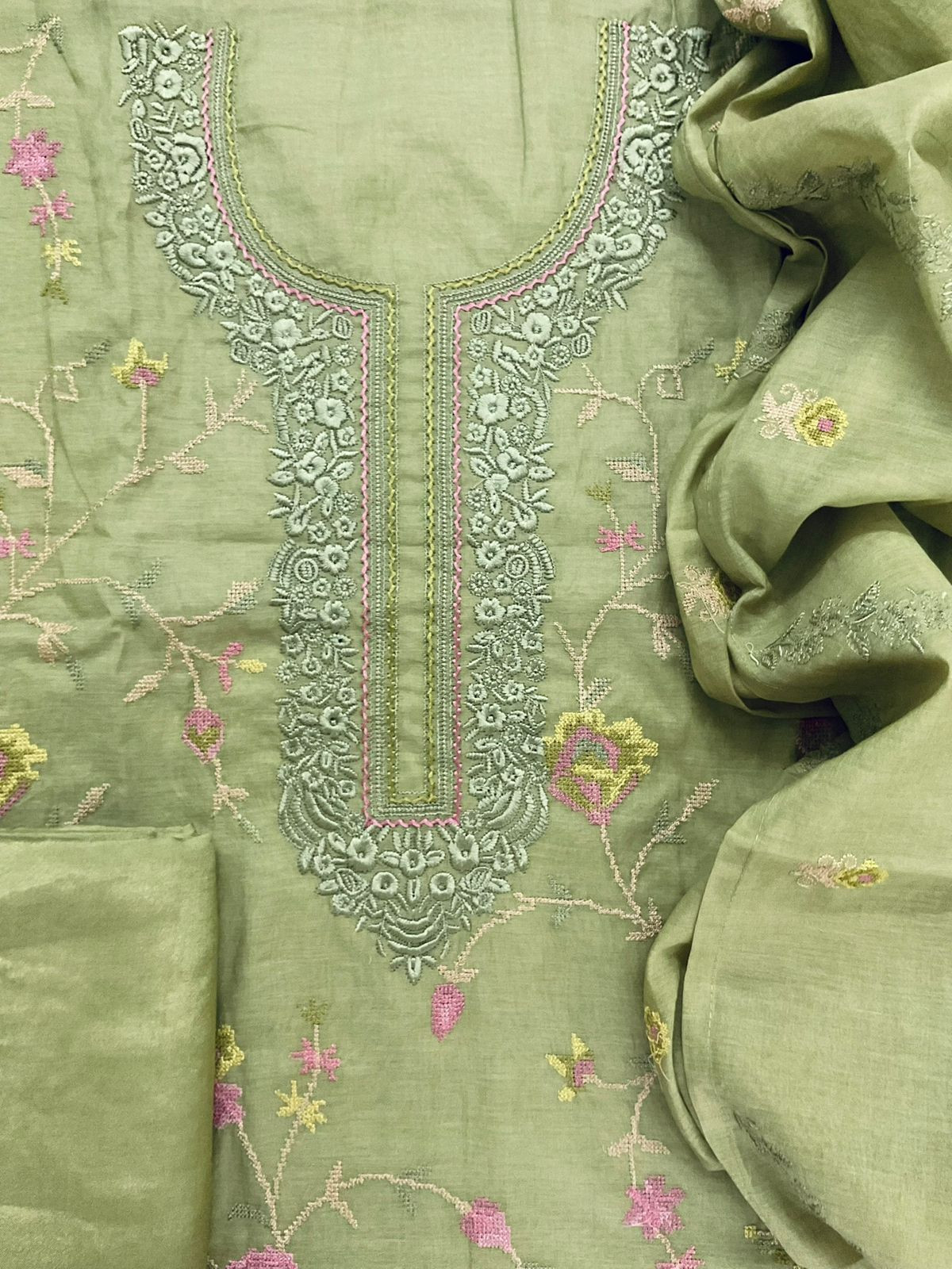 Pure Chanderi Embroidered Suit - Green