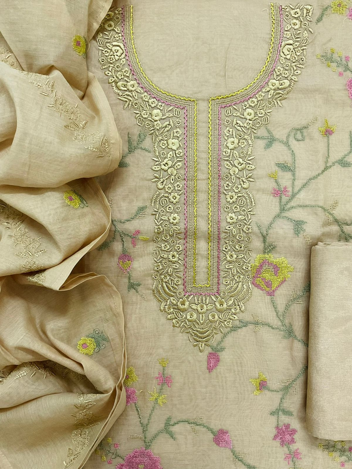 Pure Chanderi Embroidered Suit - Beige