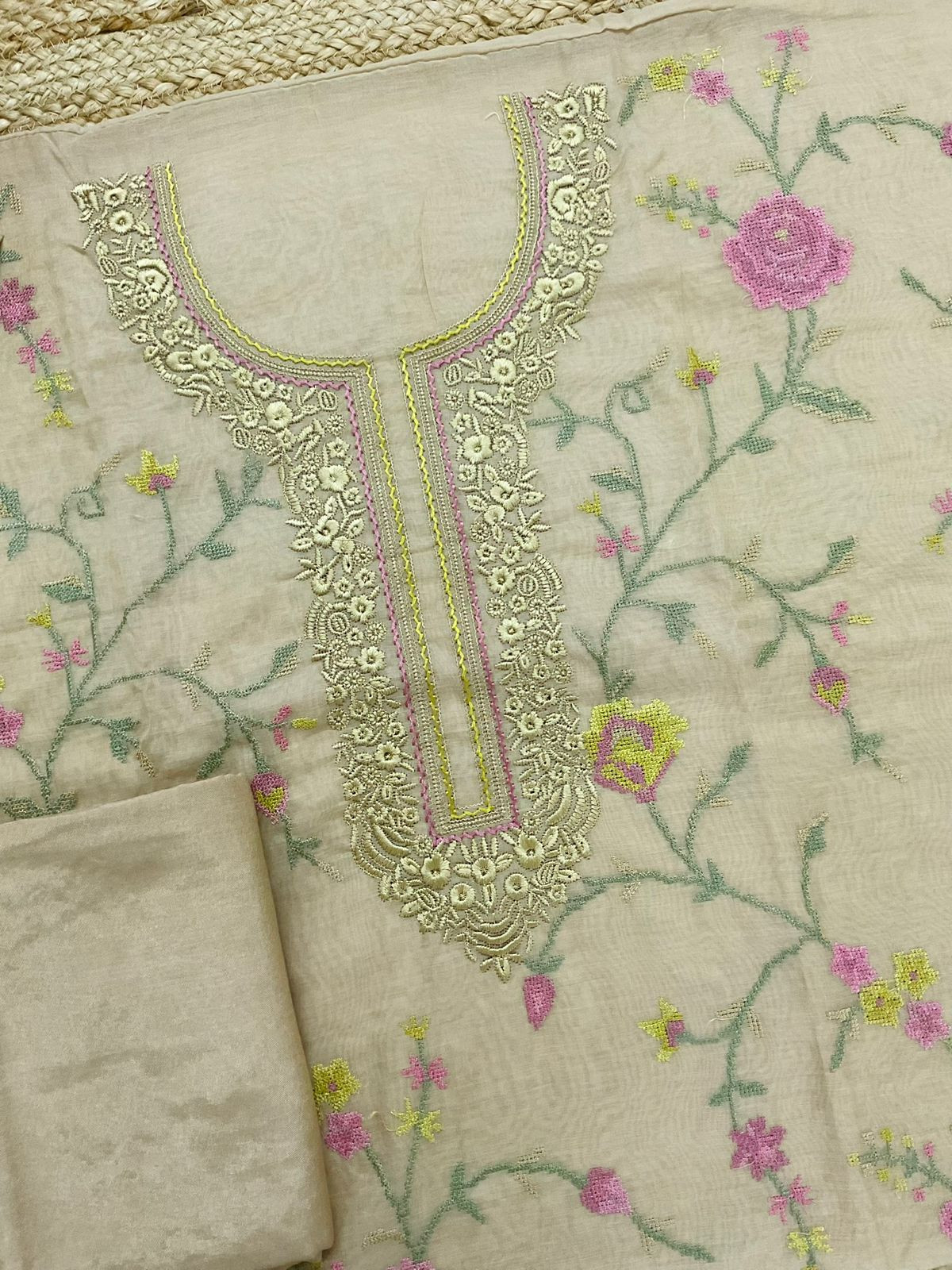 Pure Chanderi Embroidered Suit - Beige