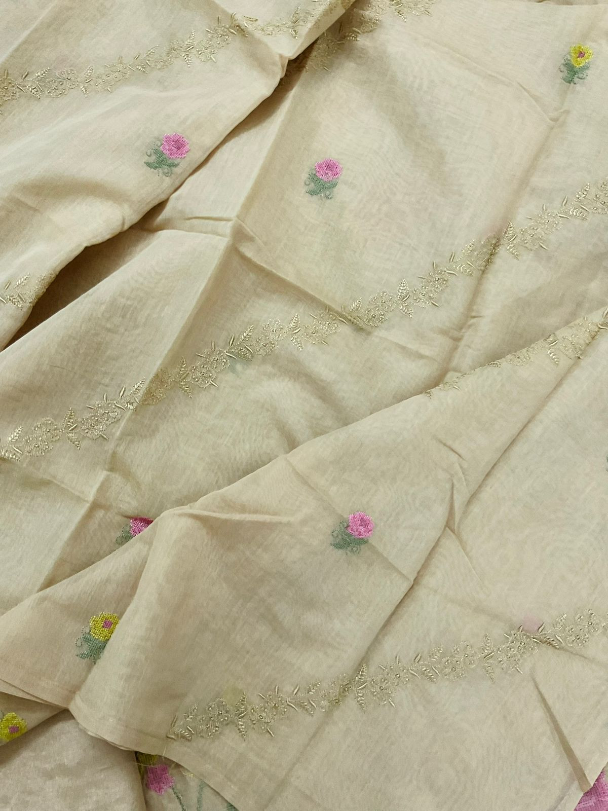 Pure Chanderi Embroidered Suit - Beige