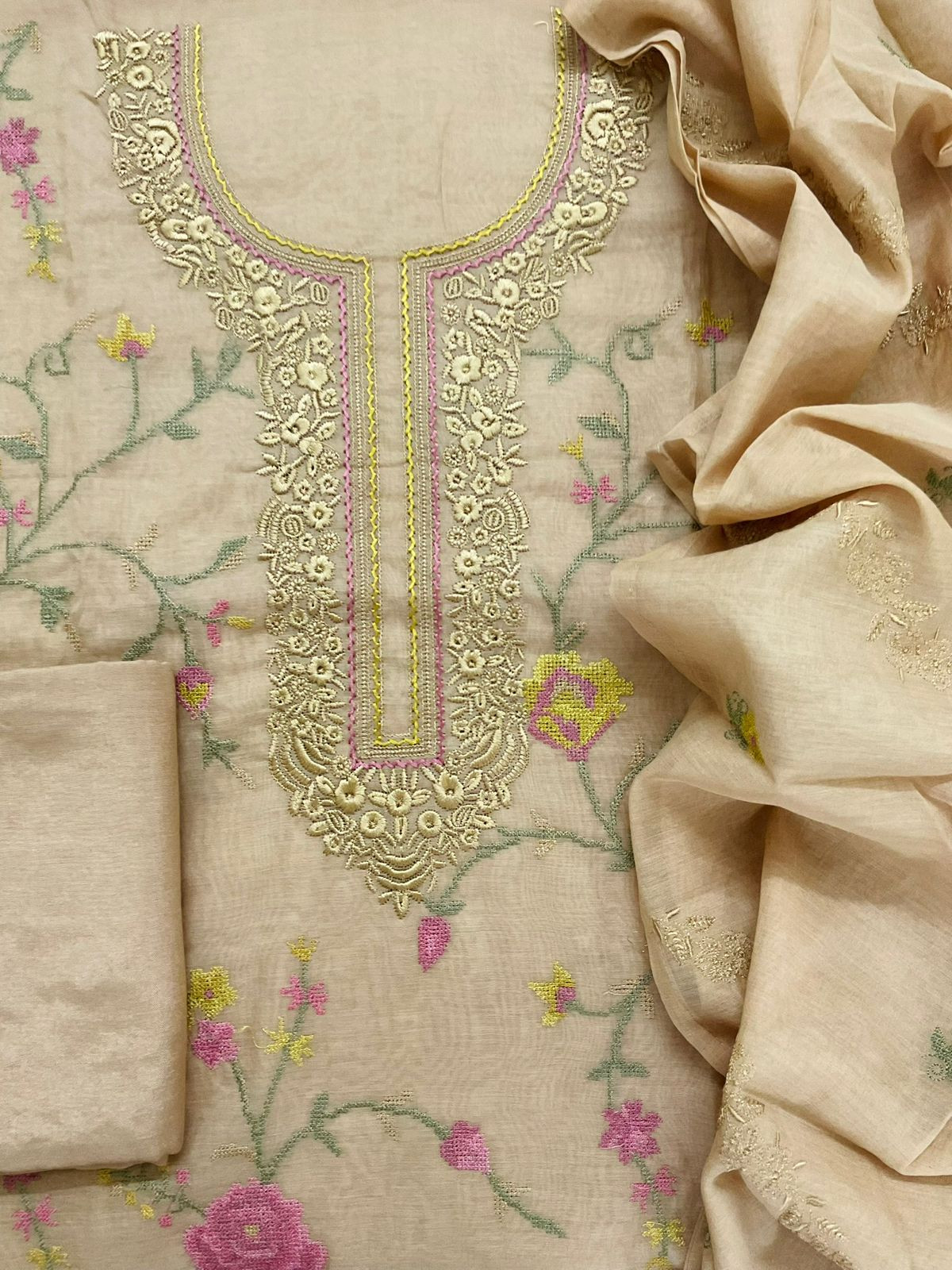 Pure Chanderi Embroidered Suit - Beige