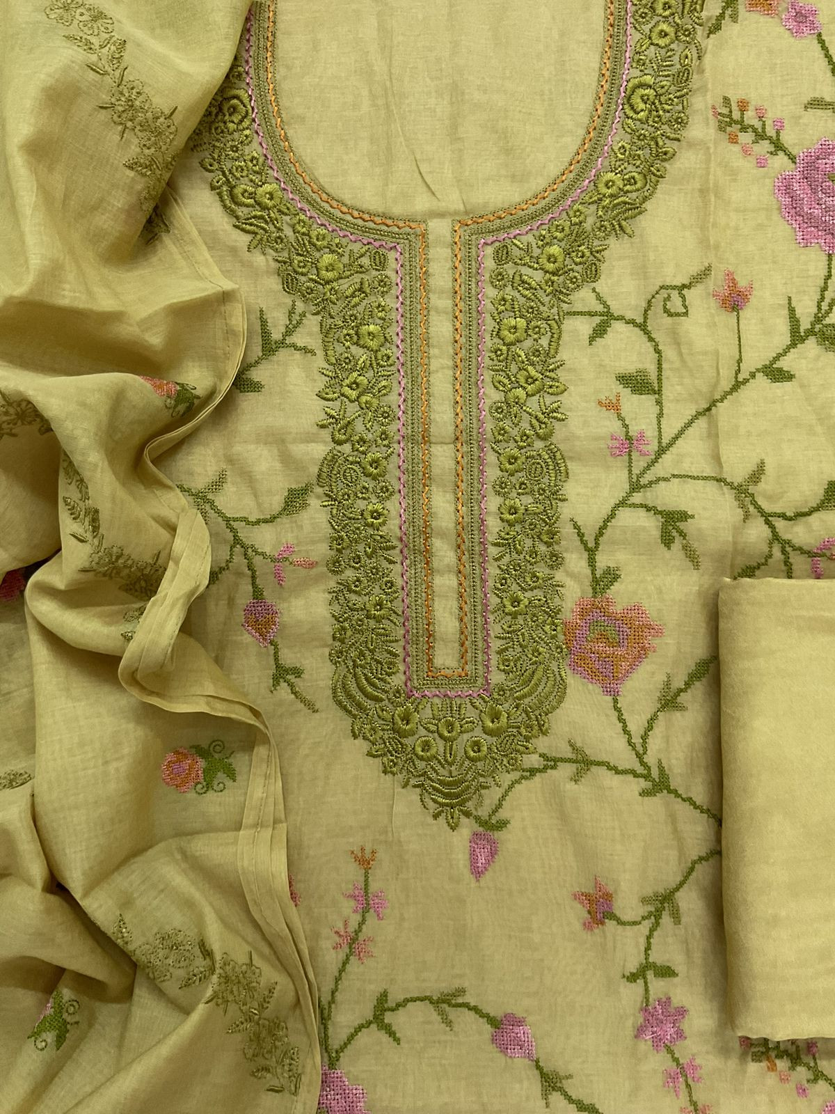 Pure Chanderi Embroidered Suit - Green