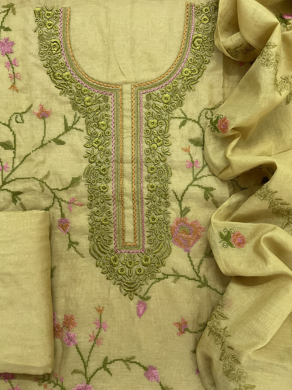 Pure Chanderi Embroidered Suit - Green