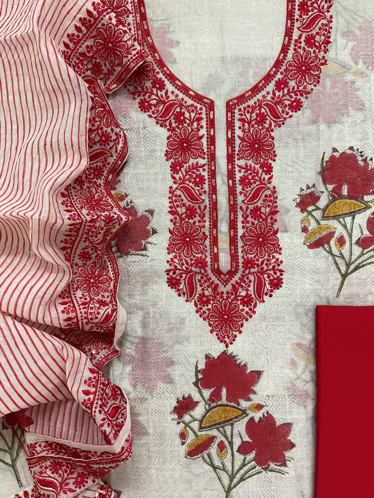 Pure Chanderi Printed Embroidered Suit - Off White