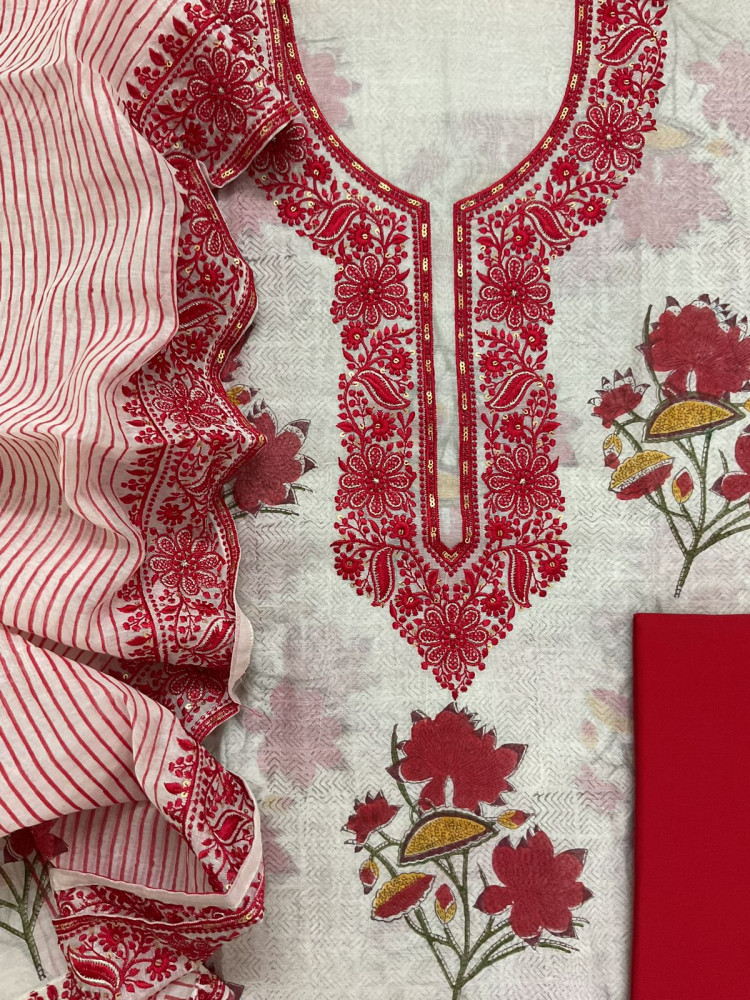 Image of Pure Chanderi Printed Embroidered Suit - Off White