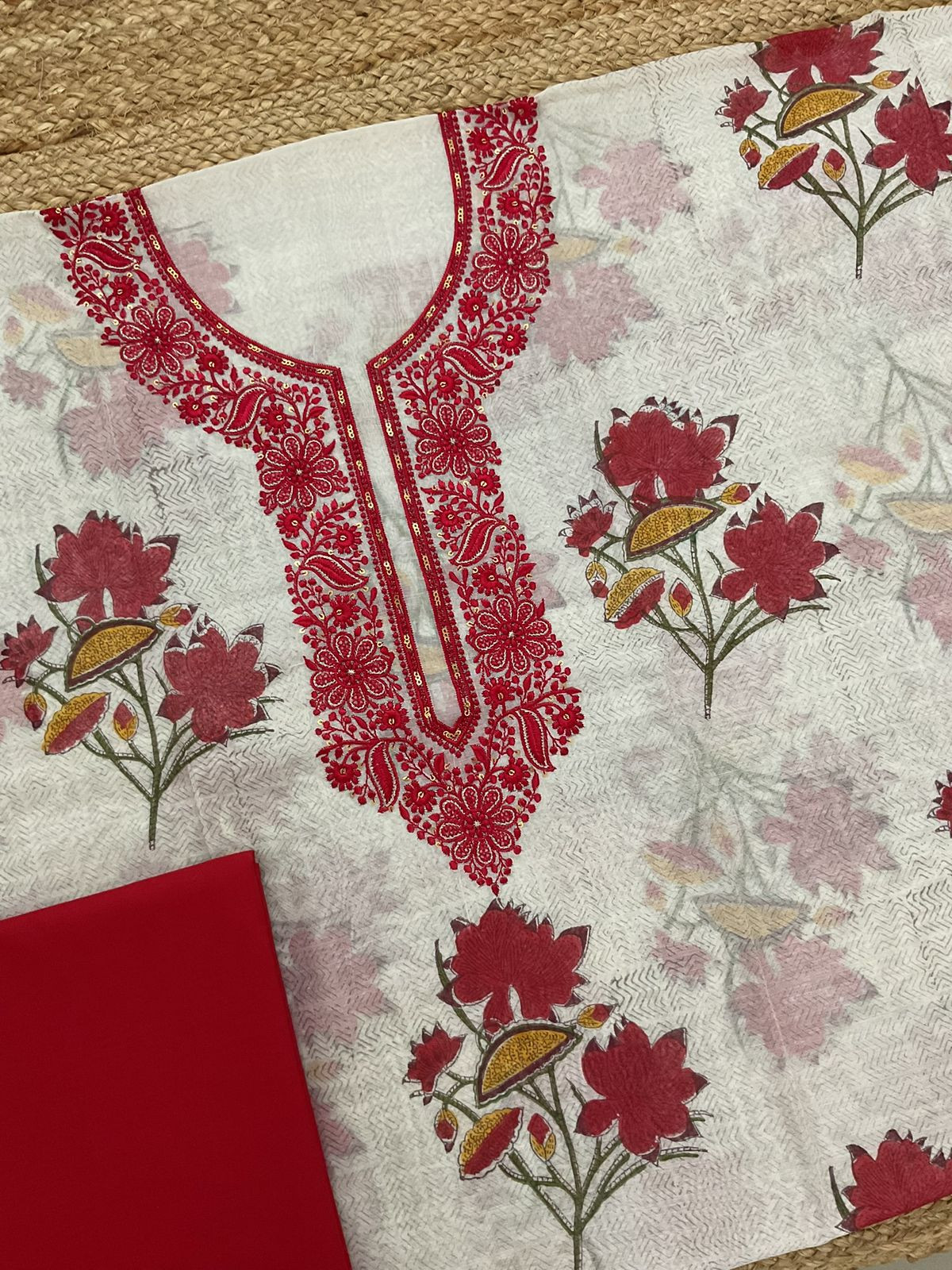 Pure Chanderi Printed Embroidered Suit - Off White