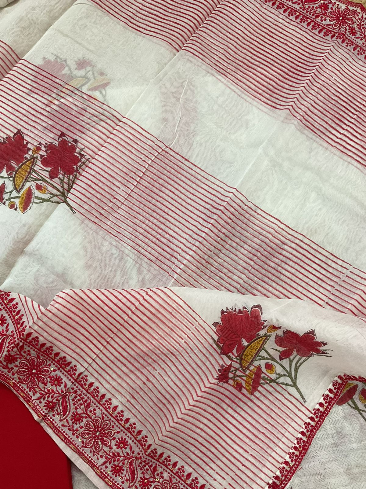 Pure Chanderi Printed Embroidered Suit - Off White